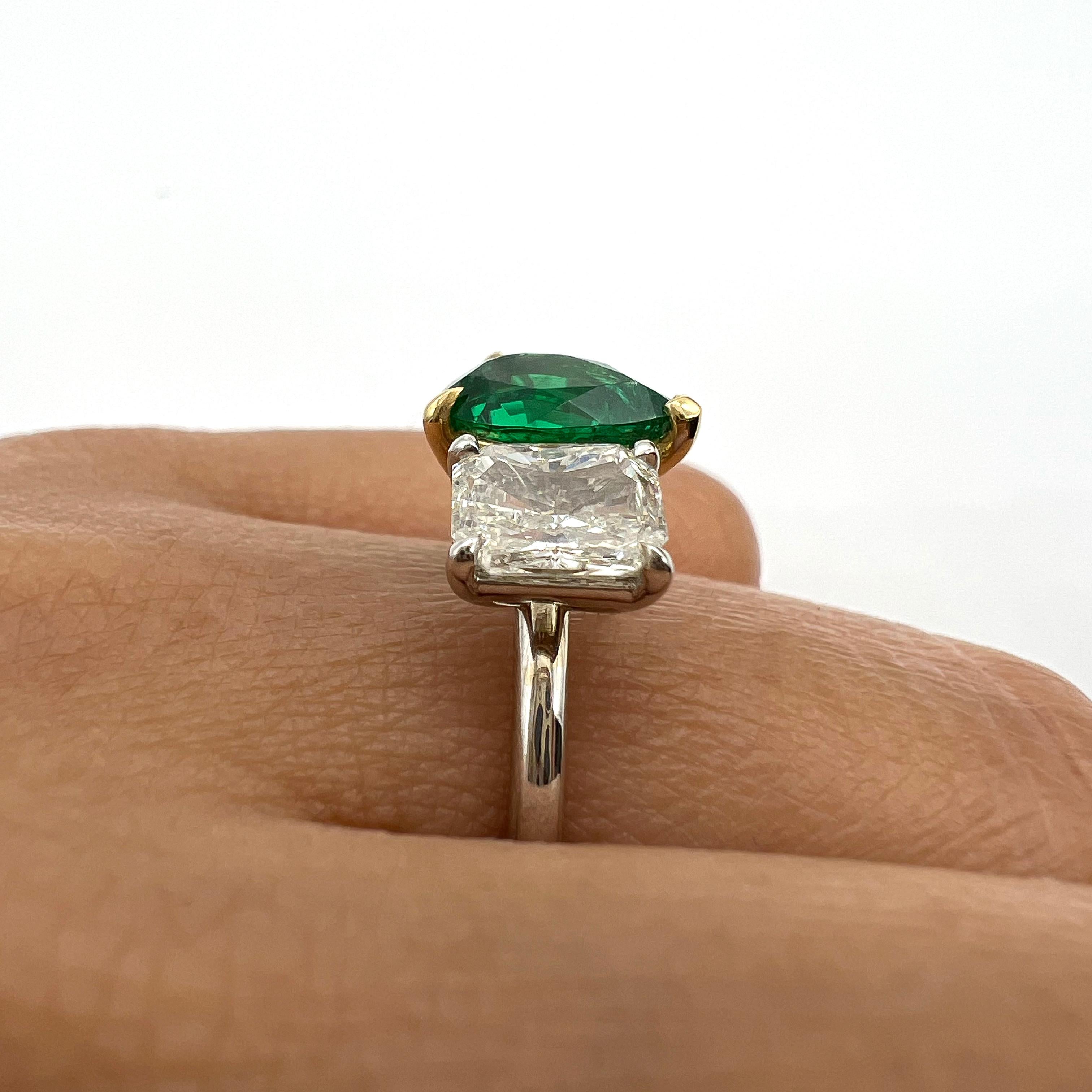 2.18 Total CT Two-Stone Emerald and Diamond Ladies Ring in 18K White Gold, GIA For Sale 3