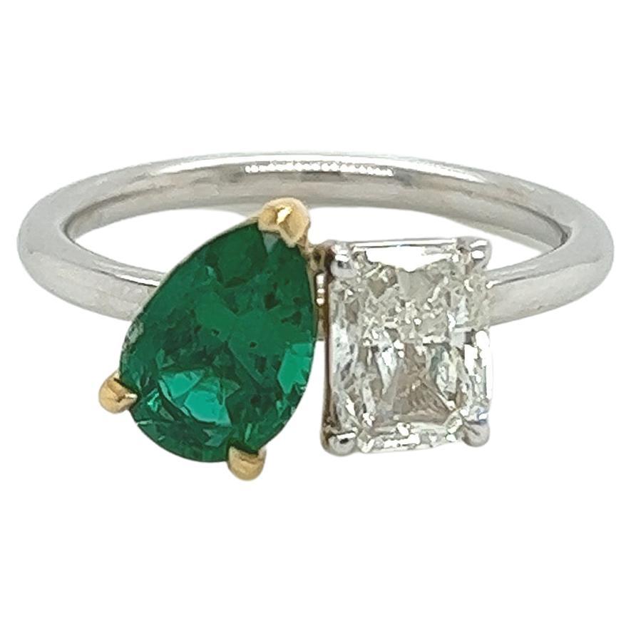 2.18 Total CT Two-Stone Emerald and Diamond Ladies Ring in 18K White Gold, GIA