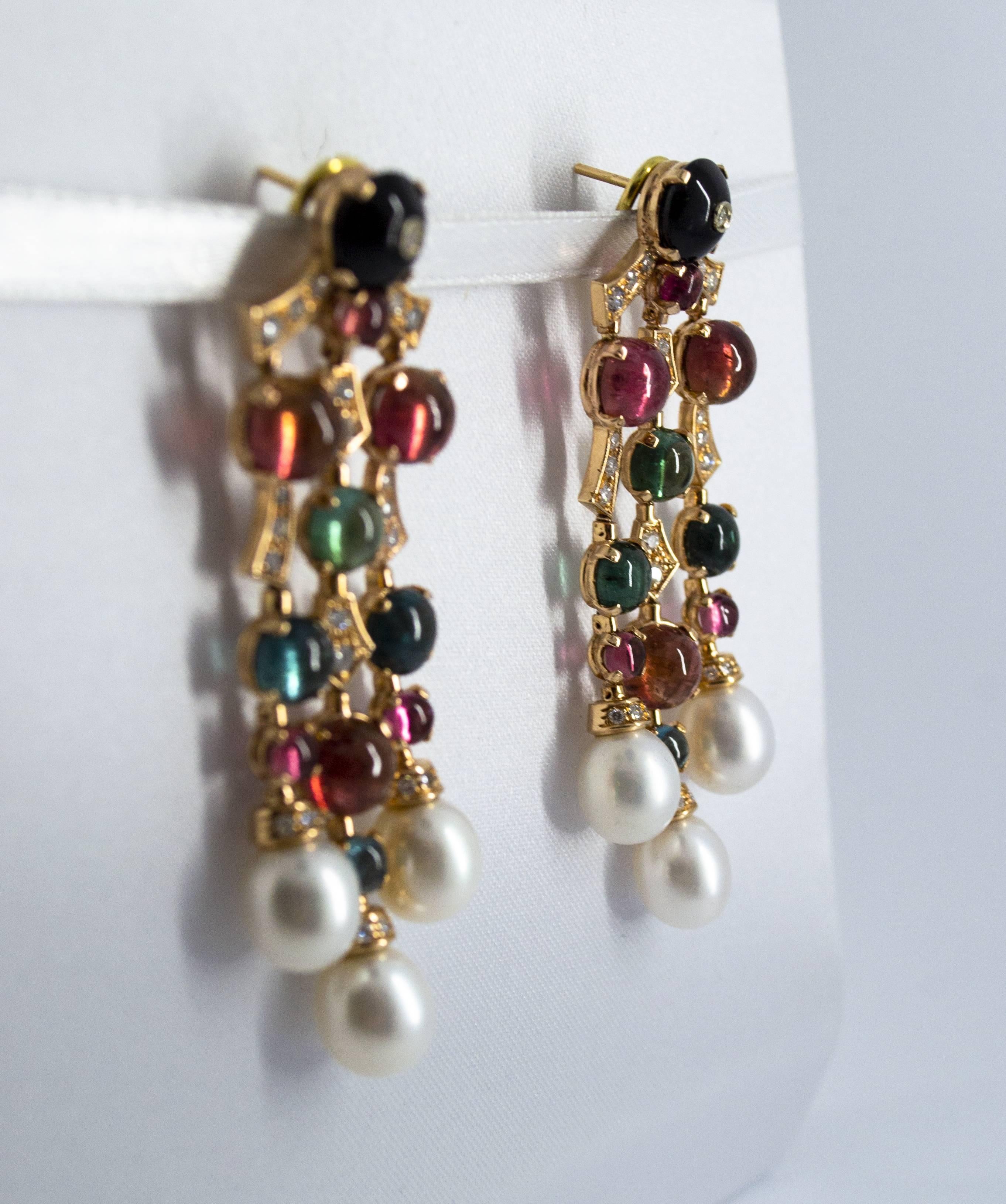 21.80 Carat Tourmaline 1.05 Carat Diamond Onyx Pearl Yellow Gold Drop Earrings In New Condition In Naples, IT