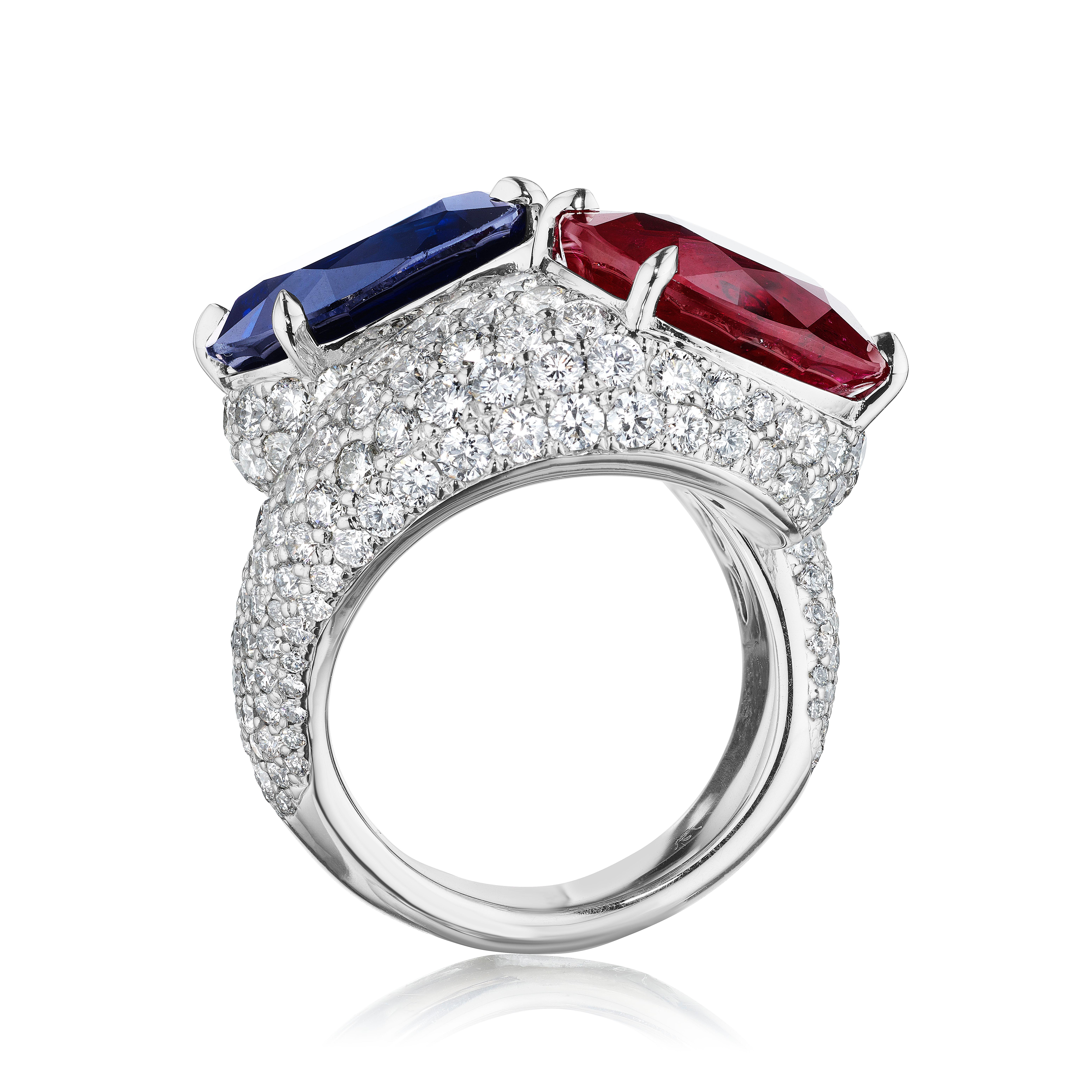 Contemporary 21.81 Carat Cushion Cut Ruby & Sapphire- Diamond Pave Bypass Ring For Sale