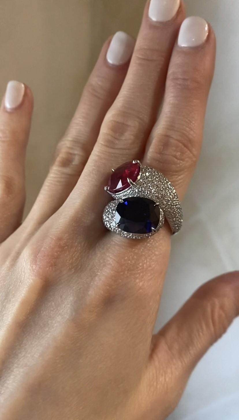 Women's or Men's 21.81 Carat Cushion Cut Ruby & Sapphire- Diamond Pave Bypass Ring For Sale