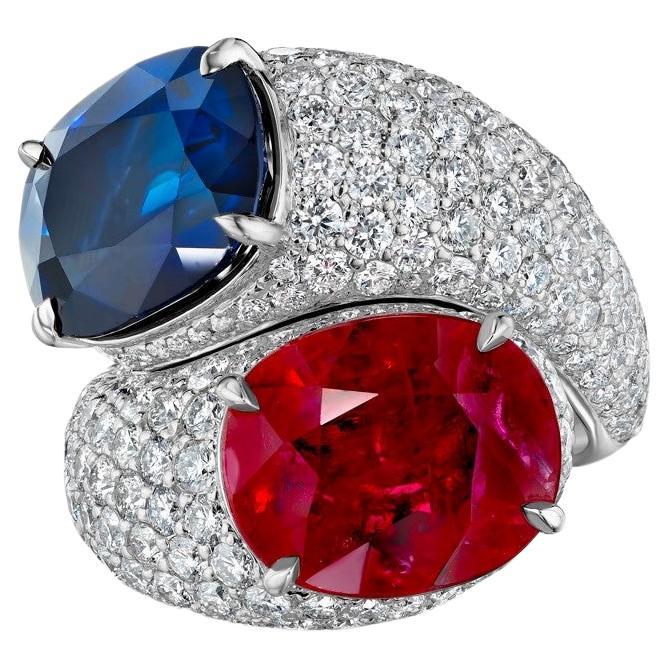 21.81 Carat Cushion Cut Ruby & Sapphire- Diamond Pave Bypass Ring For Sale