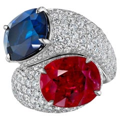 21.81 Carat Cushion Cut Ruby & Sapphire- Diamond Pave Bypass Ring