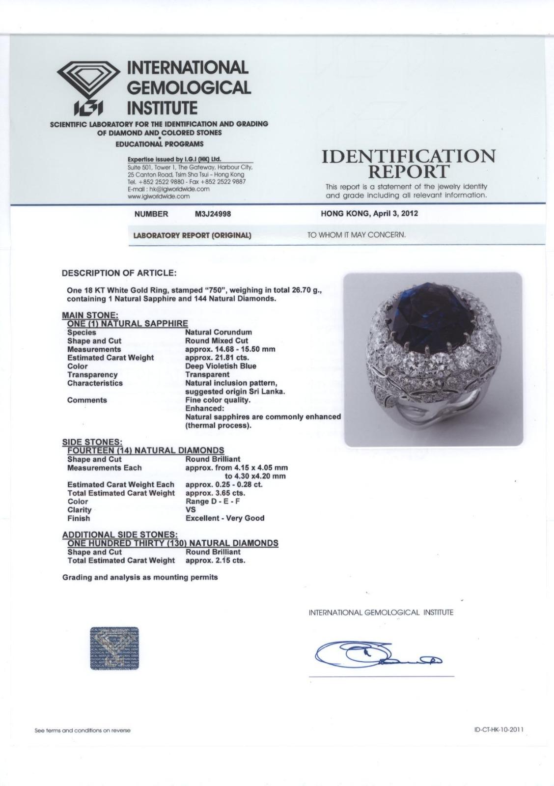 Gold-Cocktailring mit 21,81 Karat IGI-zertifiziertem Ceylon-Saphir und weißem Diamant im Angebot 5