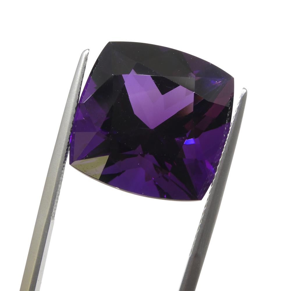Description:

Gem Type: Amethyst
Number of Stones: 1
Weight: 21.81 cts
Measurements: 17.66 x 17.67 x 12.84 mm
Shape: Square Cushion
Cutting Style:
Cutting Style Crown: Brilliant Cut
Cutting Style Pavilion: Modified Brilliant Cut
Transparency: