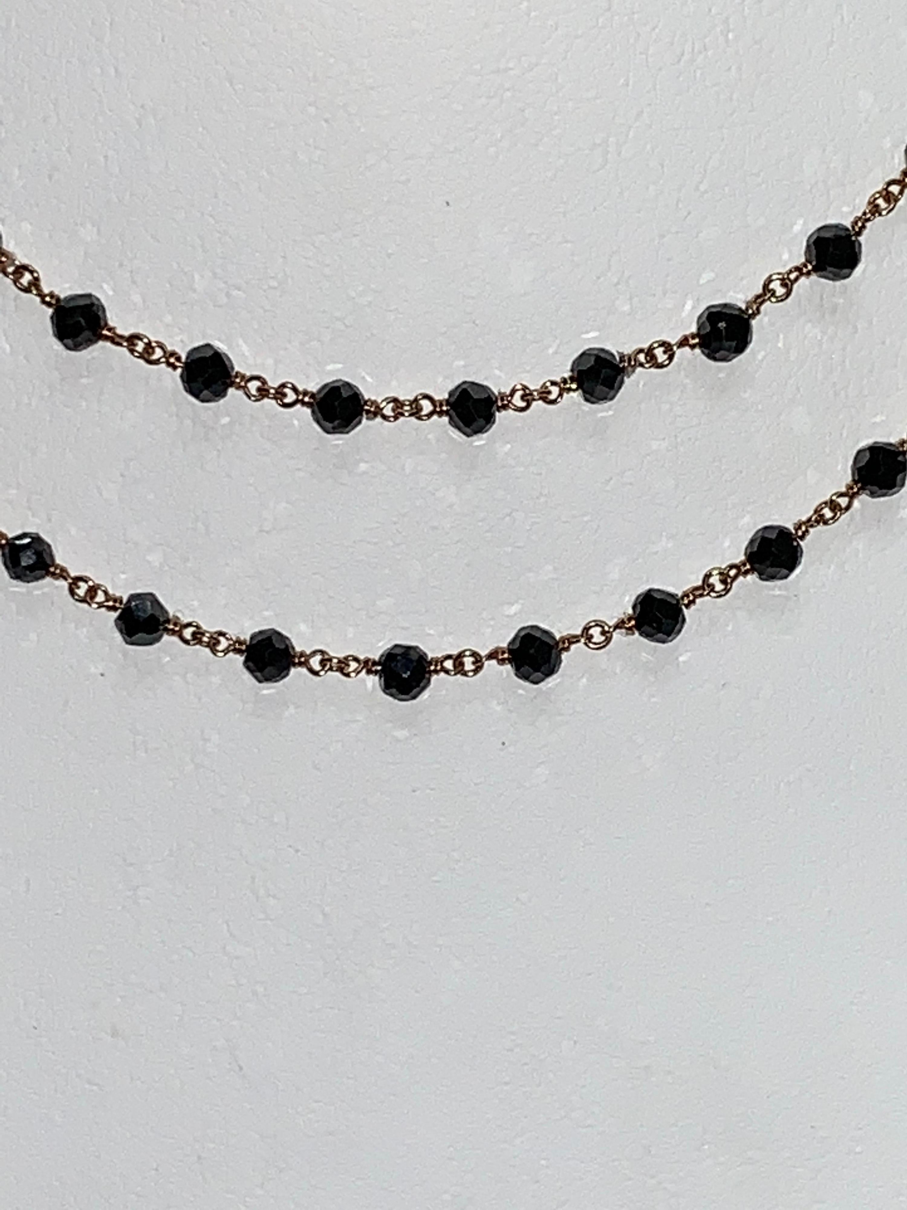 Artisan piece from the Renaissance Era is Hand made chain and Hand cut Black Diamond Necklace.  This is going to be your favorite go to Necklace that will go with any and everything.
 
21.84 Black Diamonds
18K Rose Gold

We specialize in unique,