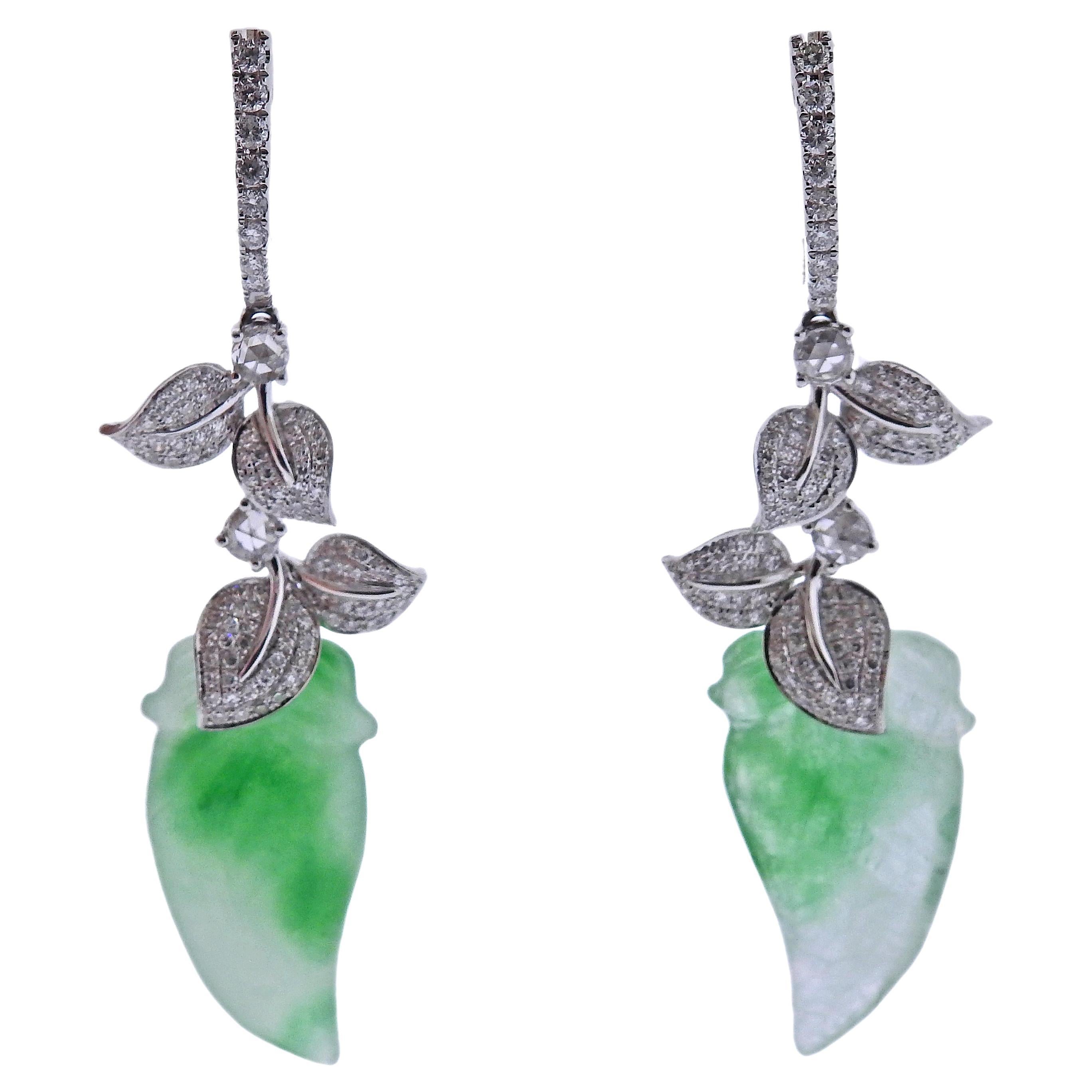 21.86ctw Carved Jadeite Jade Diamond Gold Drop Earrings For Sale