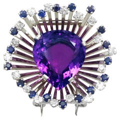 21.88 Karat Amethyst-Diamant-Saphir-Brosche im Birnenschliff
