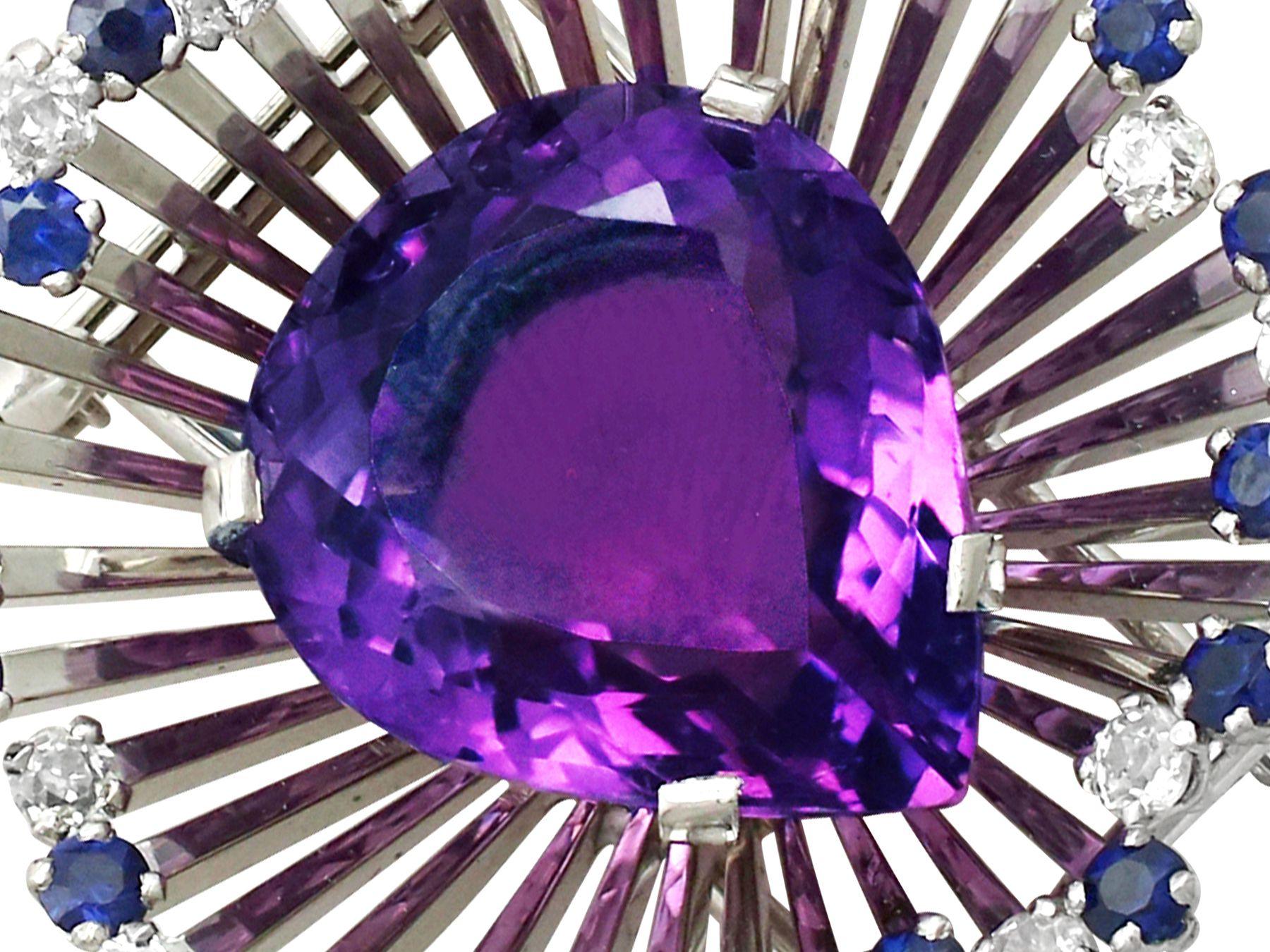 Pear Cut 21.88ct Amethyst 1.80 Carat Diamond 1.44 Carat Sapphire and White Gold Brooch For Sale