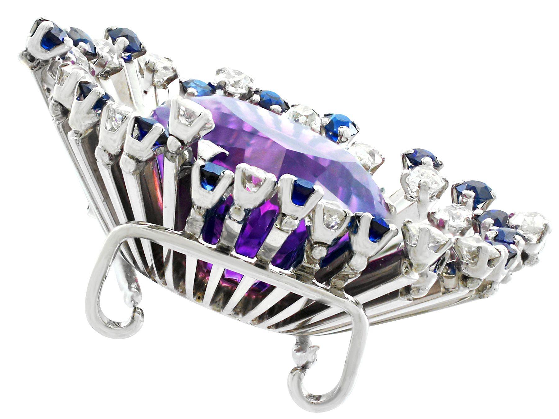 21.88ct Amethyst 1.80 Carat Diamond 1.44 Carat Sapphire and White Gold Brooch In Excellent Condition For Sale In Jesmond, Newcastle Upon Tyne