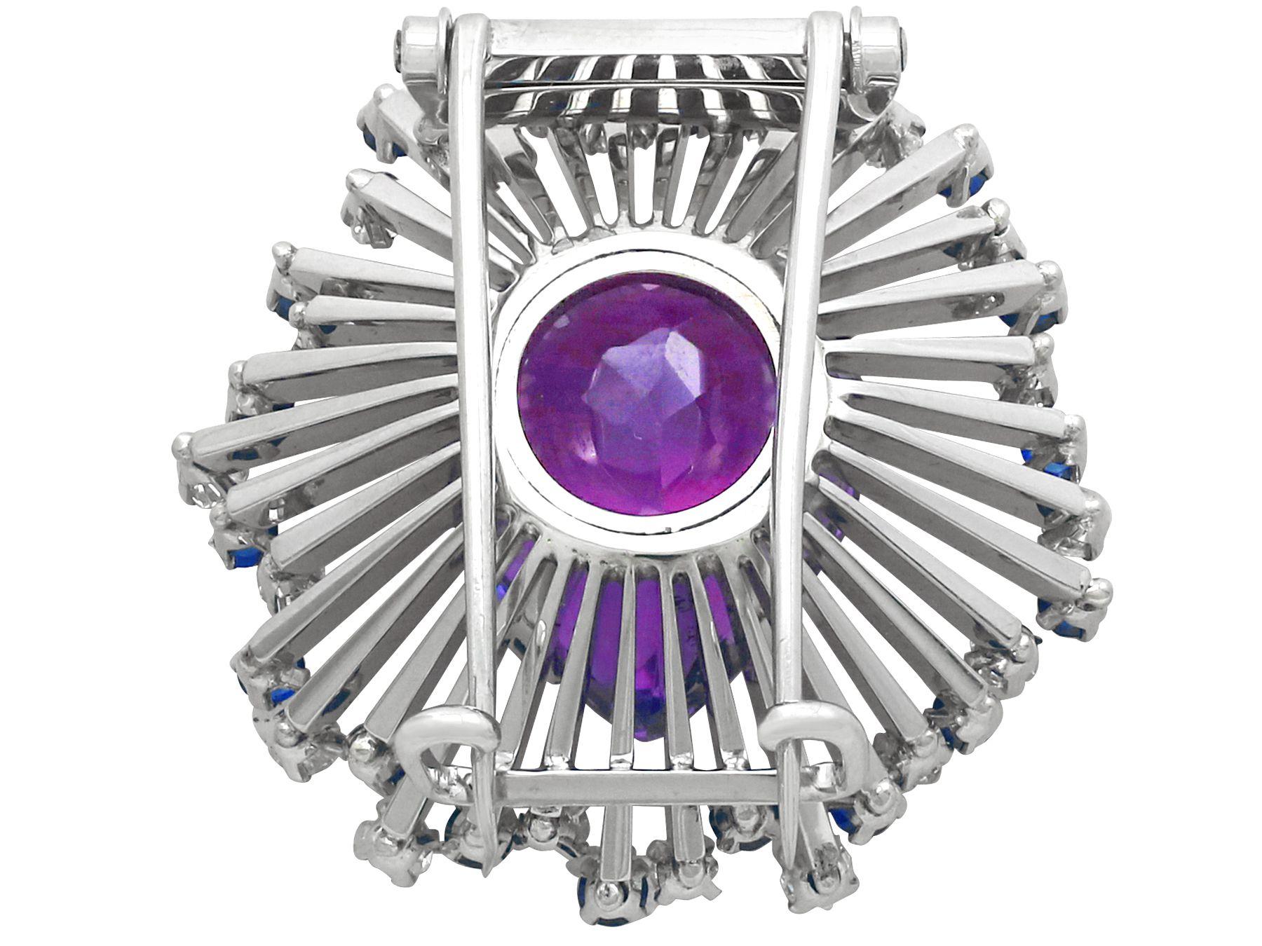 Women's or Men's 21.88ct Amethyst 1.80 Carat Diamond 1.44 Carat Sapphire and White Gold Brooch For Sale