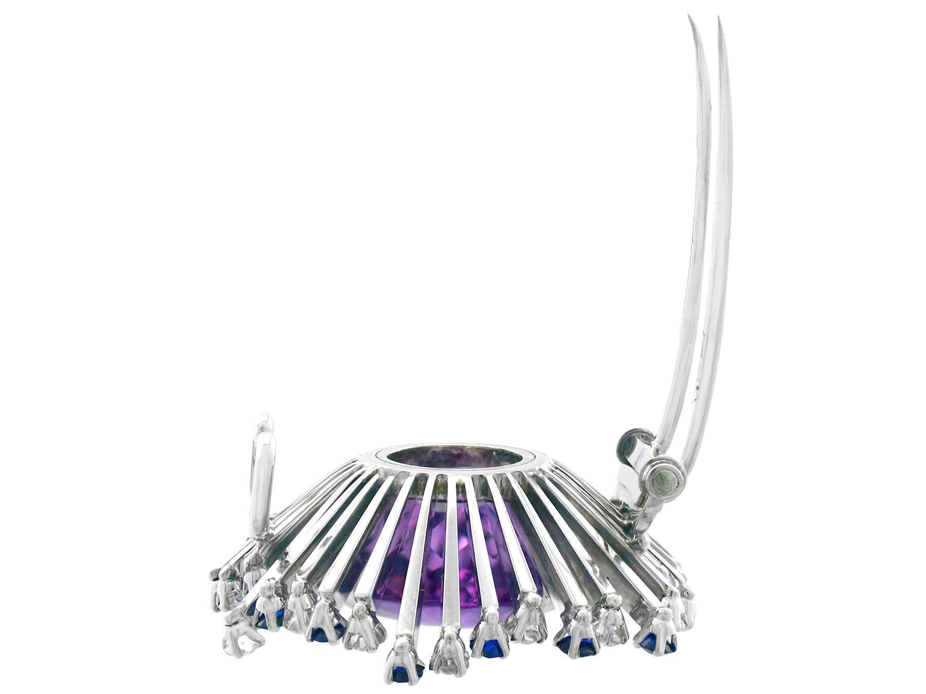 21.88ct Amethyst 1.80 Carat Diamond 1.44 Carat Sapphire and White Gold Brooch For Sale 1