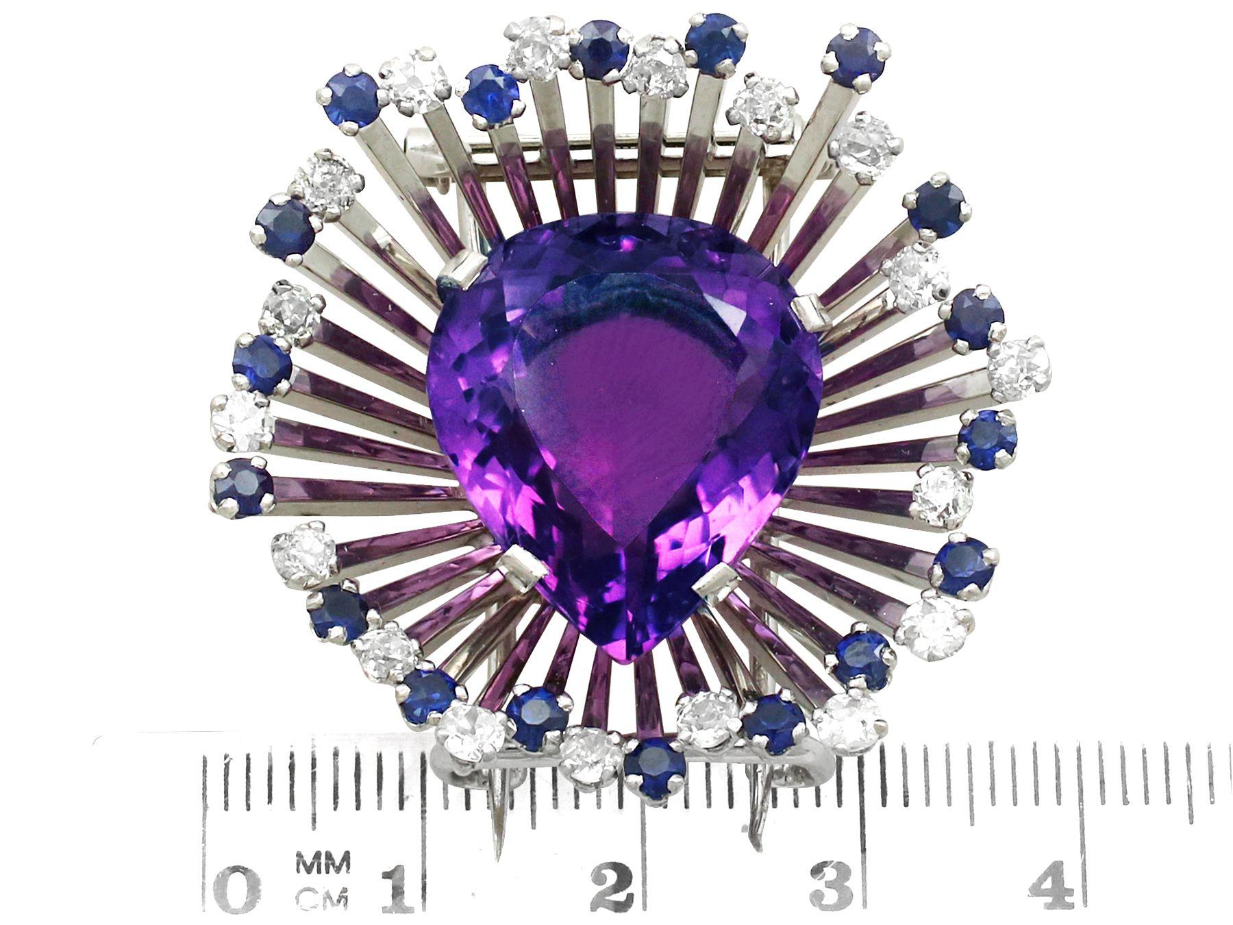 21.88ct Amethyst 1.80 Carat Diamond 1.44 Carat Sapphire and White Gold Brooch For Sale 2