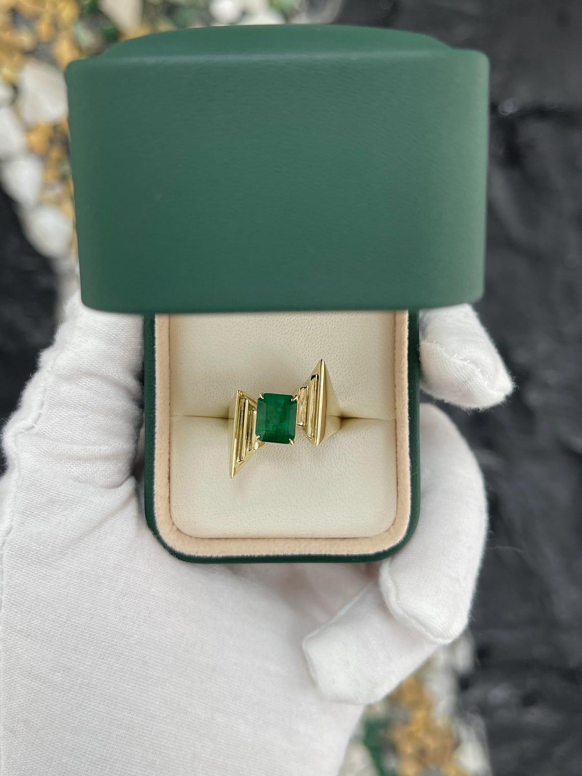 Art Deco 2.18ct 14K Dark Green Emerald Cut Solitaire Ring with Gold Freeform Band For Sale