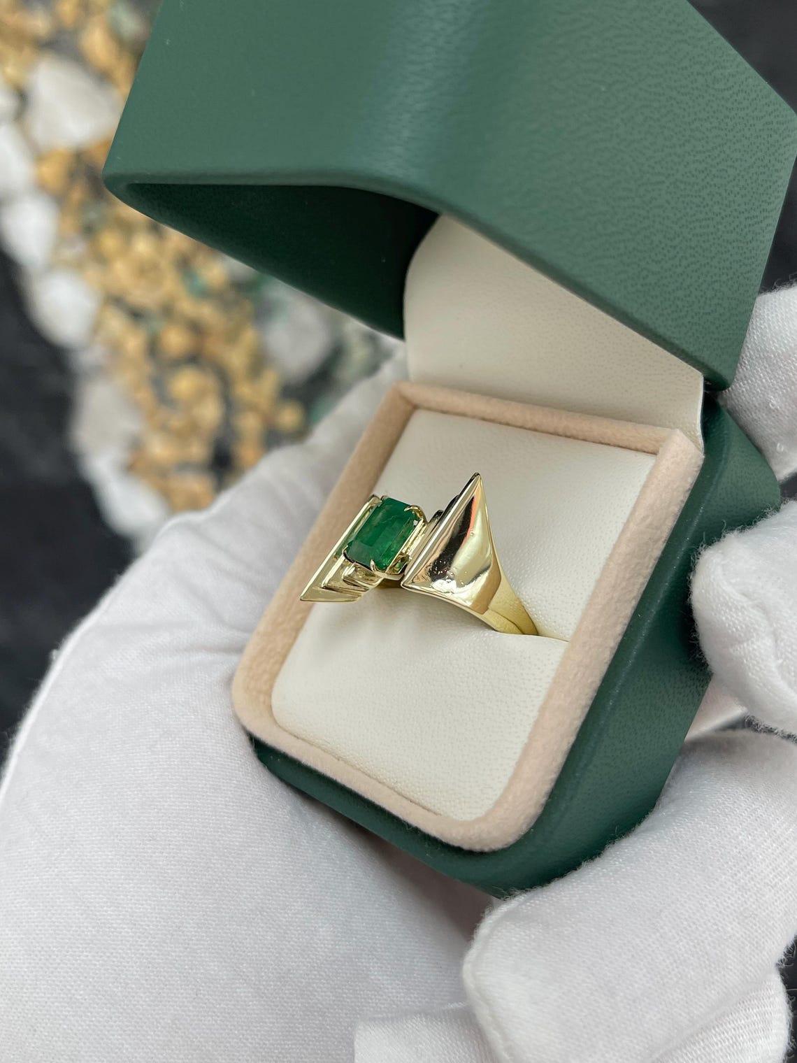 Women's 2.18ct 14K Dark Green Emerald Cut Solitaire Ring with Gold Freeform Band For Sale