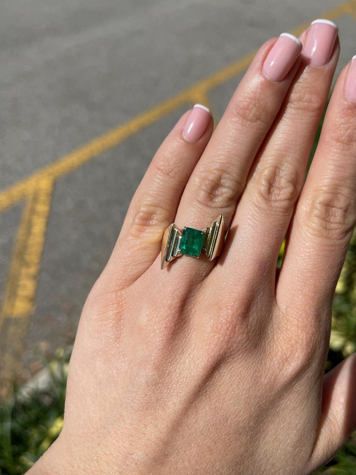 2.18ct 14K Dark Green Emerald Cut Solitaire Ring with Gold Freeform Band For Sale 1