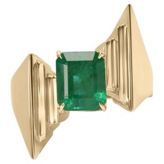 2.18ct 14K Dark Green Emerald Cut Solitaire Ring with Gold Freeform Band