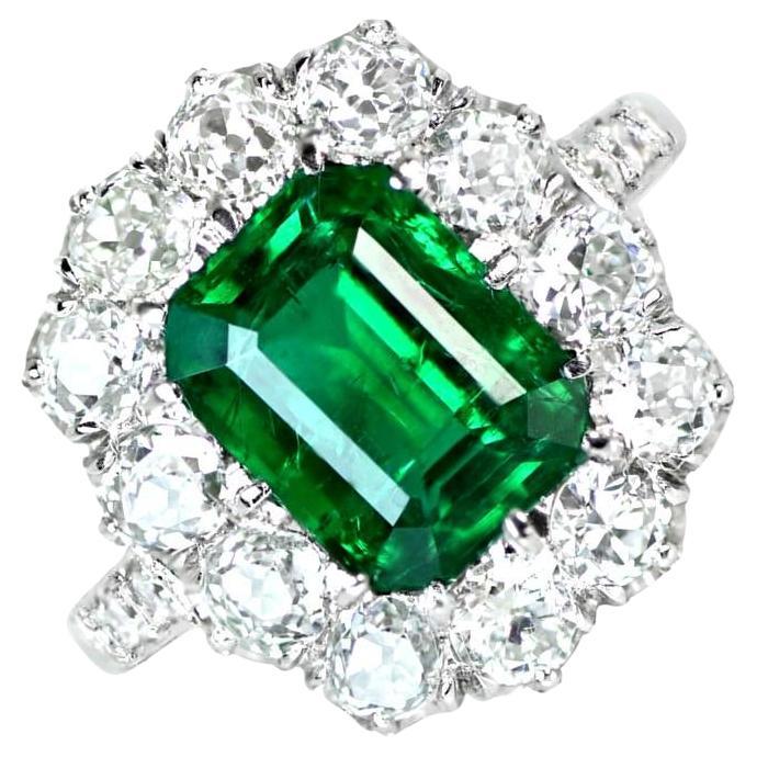 2.18 Carat Emerald-Cut Emerald, Diamond Halo, Platinum