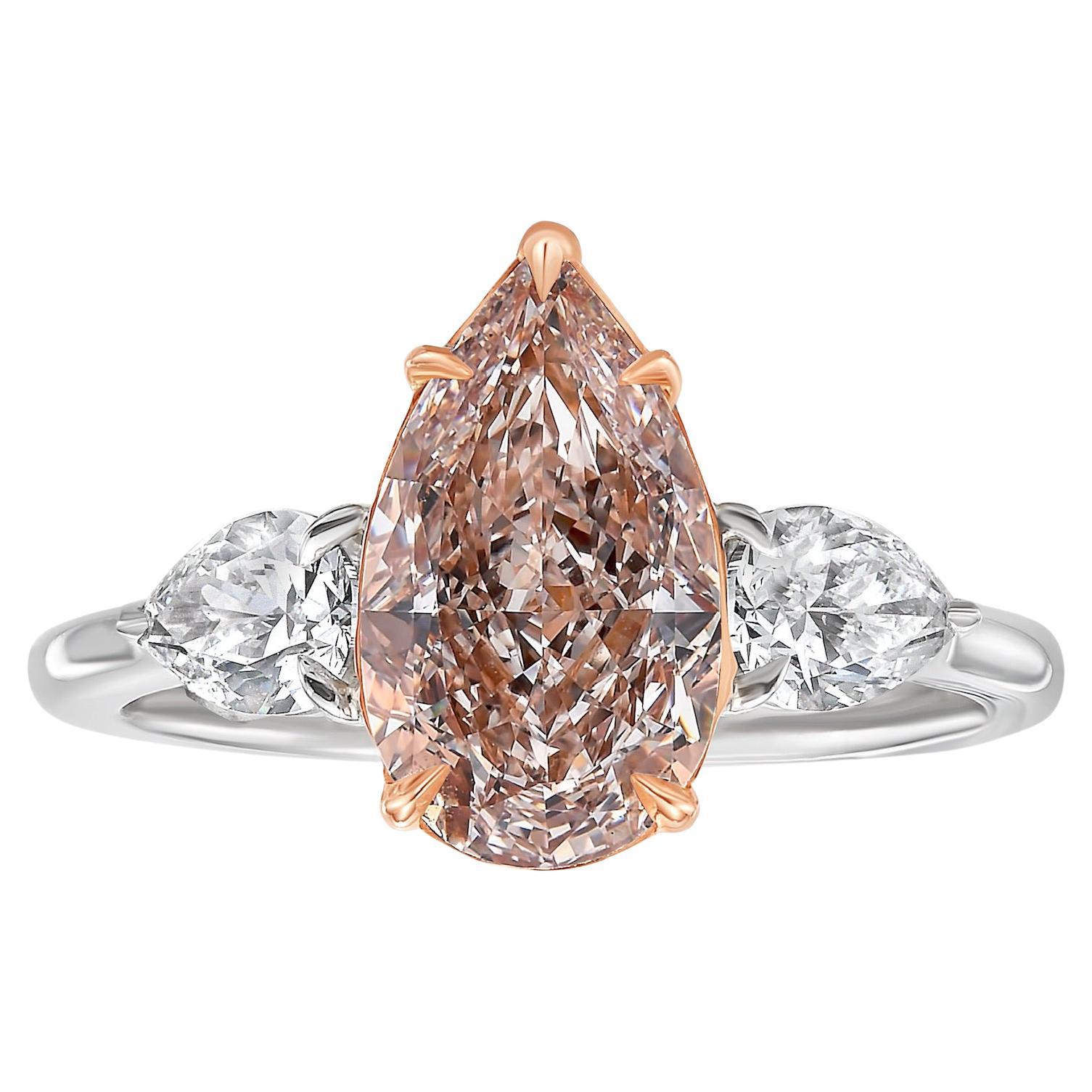 2 Carat Fancy Light Brown Pink Pear Shape Diamond Ring For Sale