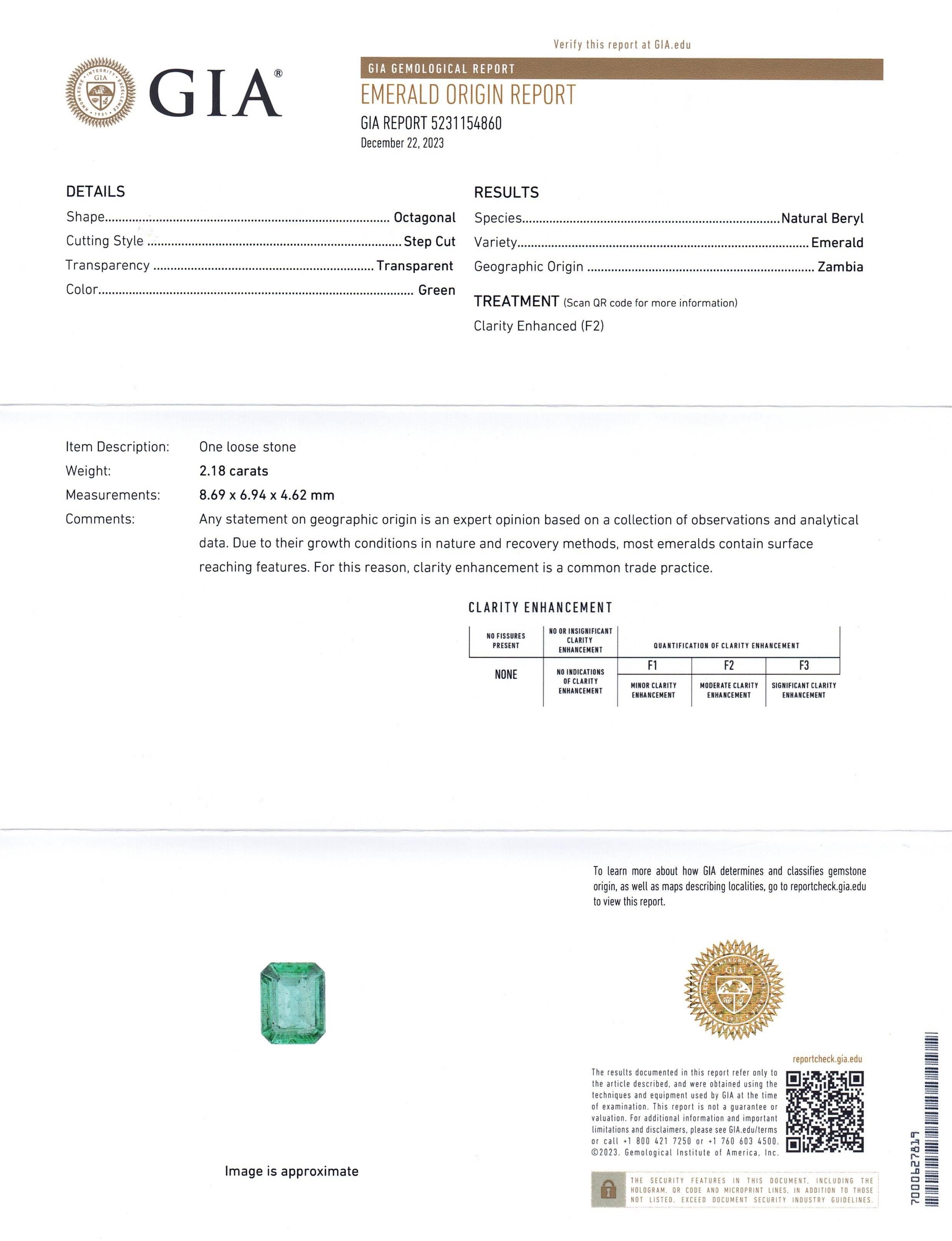 Women's or Men's 2.18ct Octagonal/Emerald Cut Green Emerald GIA Certified Zambia (F2)  For Sale