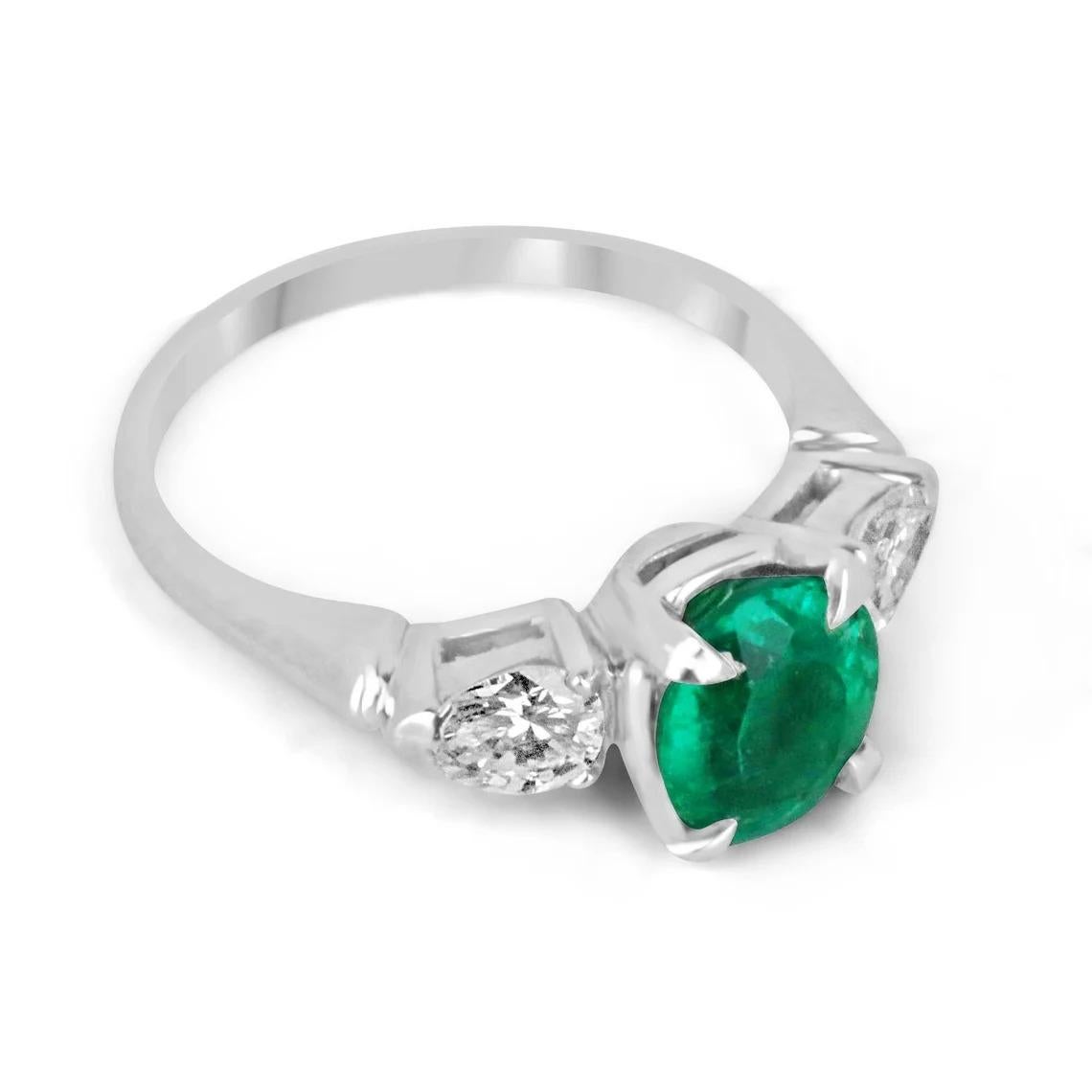 This stunning engagement ring features a 1.48-carat oval-cut emerald as the center stone, known for its exquisite dark green color, unique clarity, and brilliant luster. The emerald is elegantly set in a north-to-south orientation with four claw