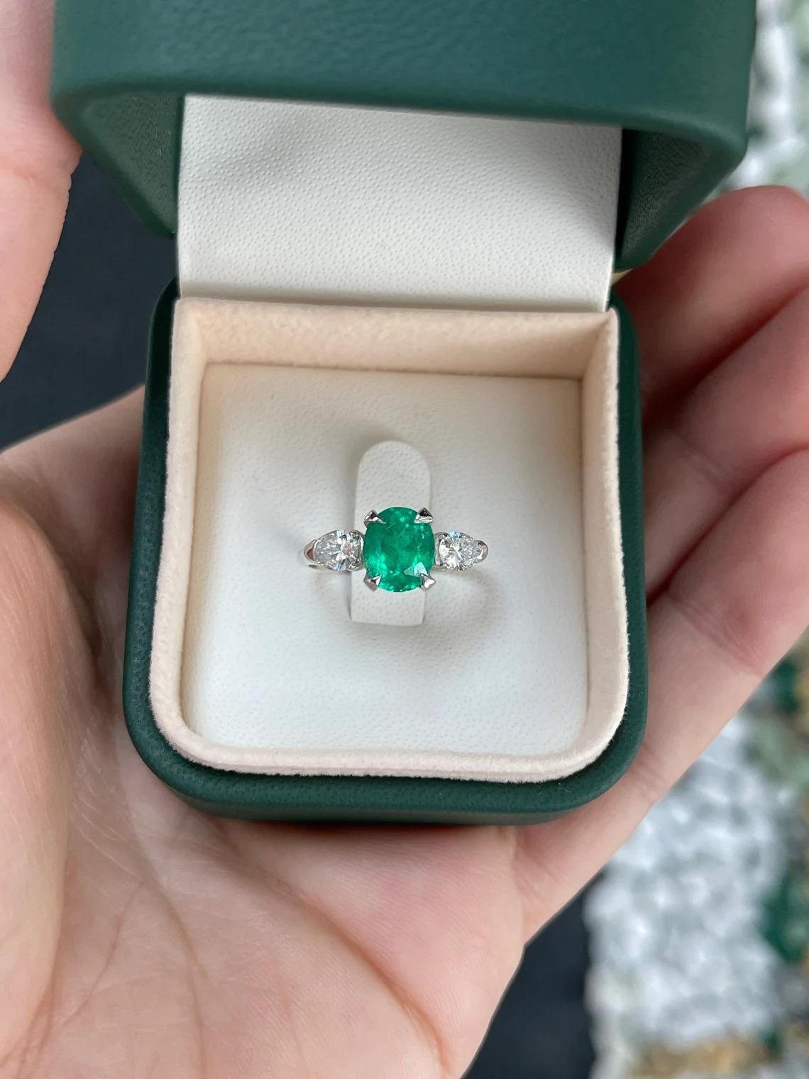 2.18tcw PLAT Fine Quality Rich Green Oval Emerald & Pear Diamond 3 Stone Ring For Sale 1