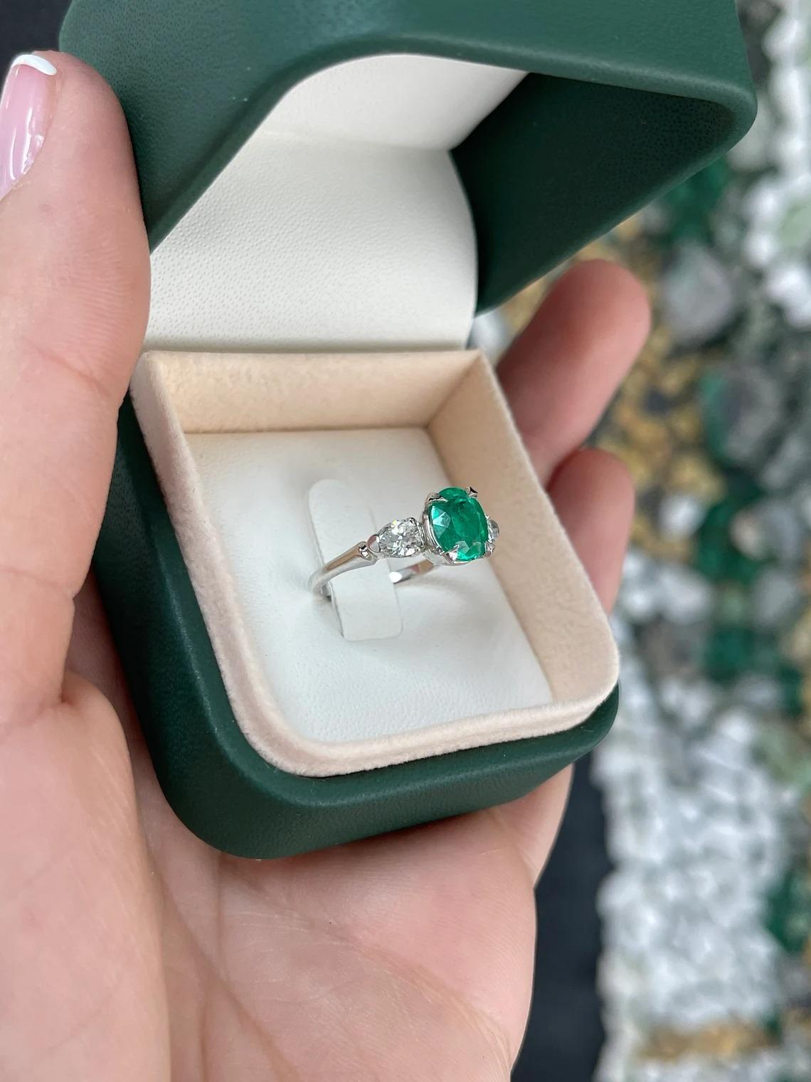 2.18tcw PLAT Fine Quality Rich Green Oval Emerald & Pear Diamond 3 Stone Ring For Sale 2