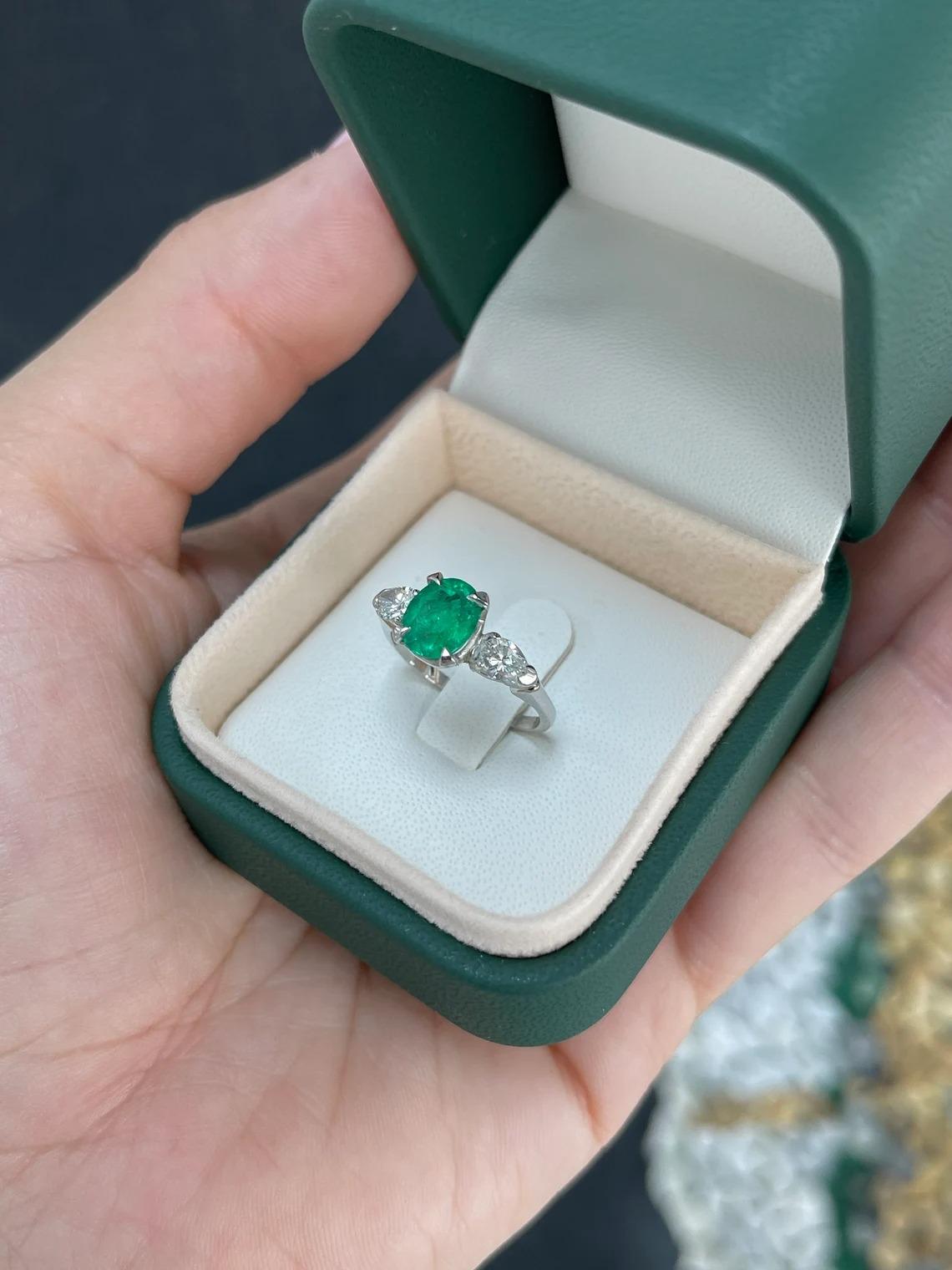 2.18tcw PLAT Fine Quality Rich Green Oval Emerald & Pear Diamond 3 Stone Ring For Sale 3