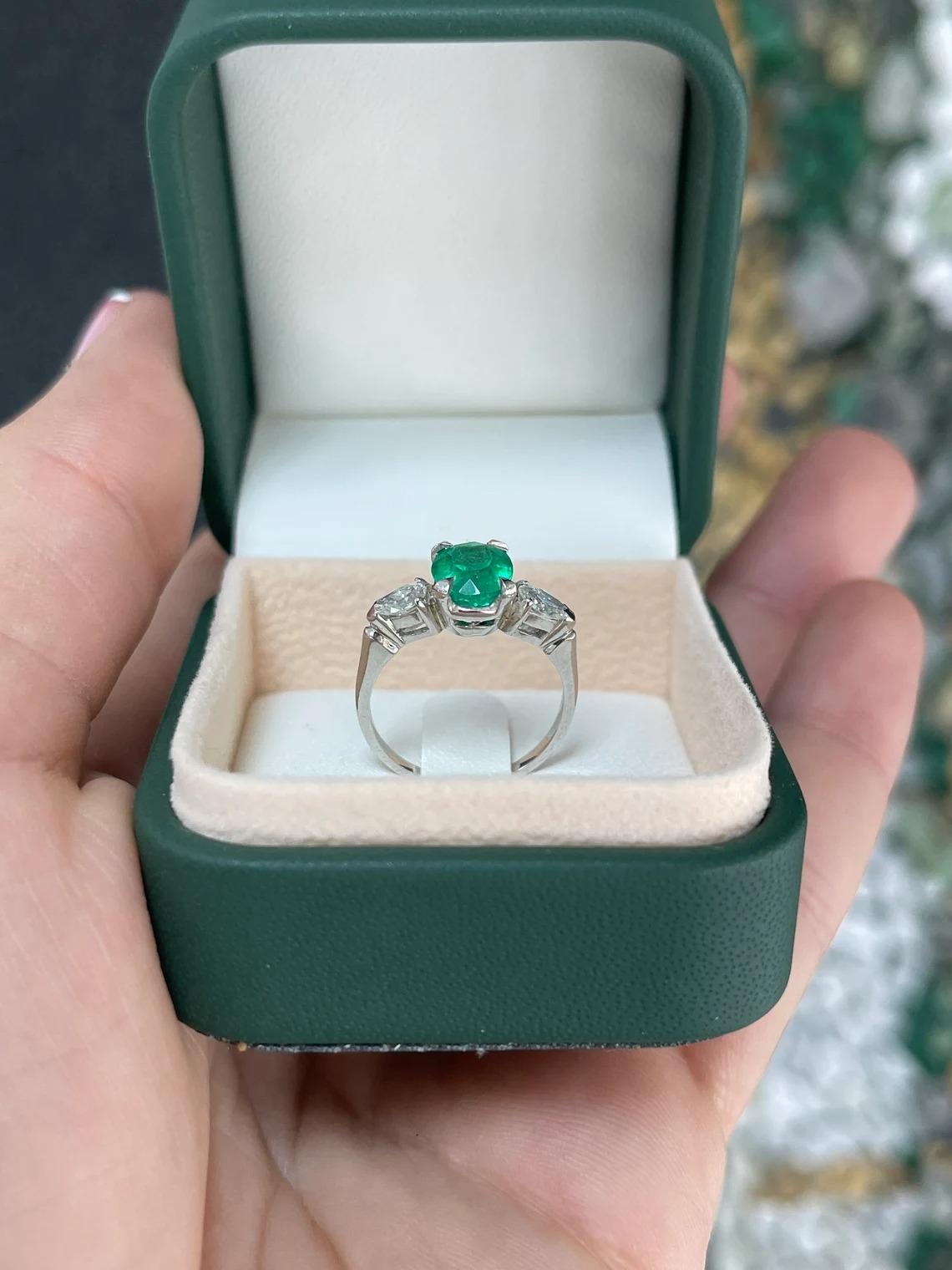 2.18tcw PLAT Fine Quality Rich Green Oval Emerald & Pear Diamond 3 Stone Ring For Sale 4