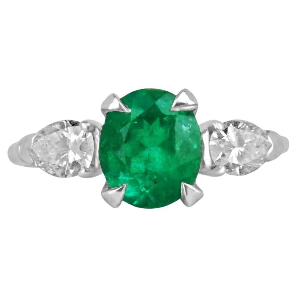 2.18tcw PLAT Fine Quality Rich Green Oval Emerald & Pear Diamond 3 Stone Ring For Sale
