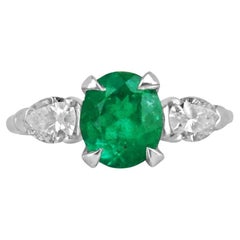 Bague à 3 pierres de qualité supérieure avec émeraude ovale verte et diamant poire de 2,18 carats