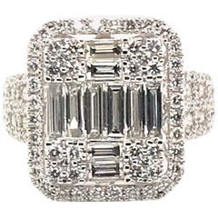 2.19 Carat Baguette Cut With Halo Round Diamond Ring with 18 Karat White Gold