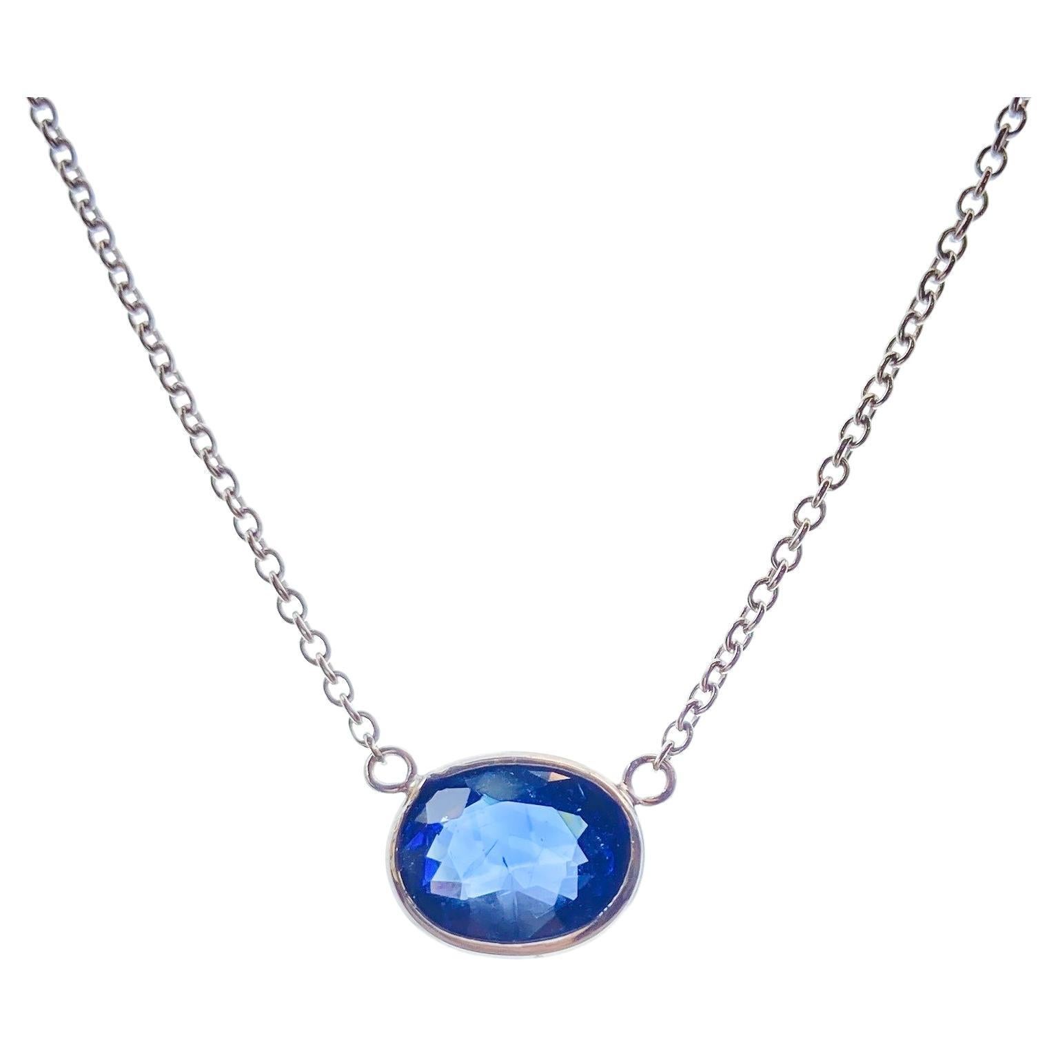 2.19 Carat Blue Oval Sapphire Fashion Necklaces In 14K White Gold  For Sale