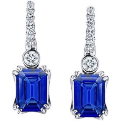 2.19 Carat Emerald Cut Blue Sapphire and Diamond Platinum Earrings