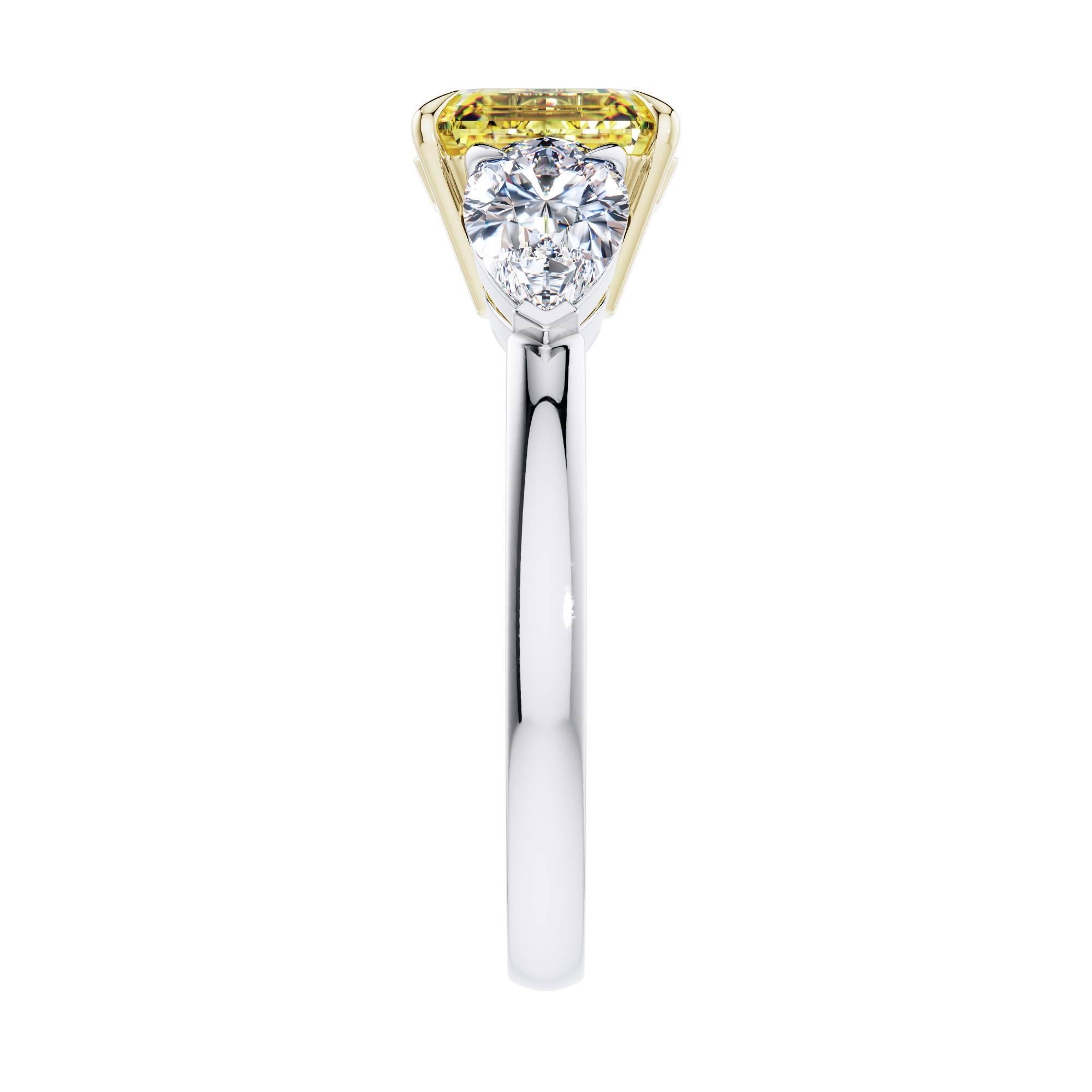  2.19 Carat GIA Fancy Vivid Yellow 1.02ct White Diamond Engagement Ring Platinum In New Condition For Sale In London, GB