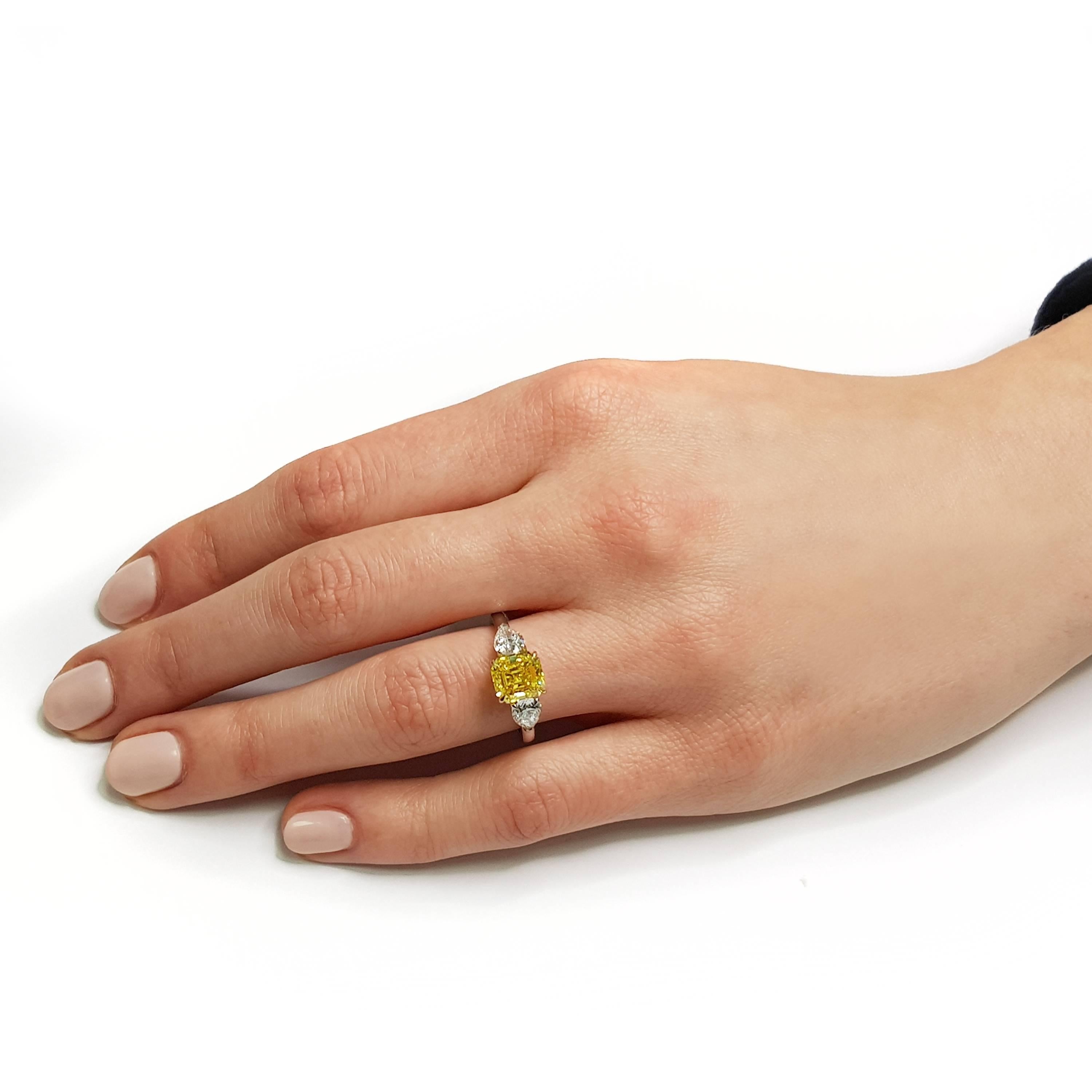  2.19 Carat GIA Fancy Vivid Yellow 1.02ct White Diamond Engagement Ring Platinum For Sale 1