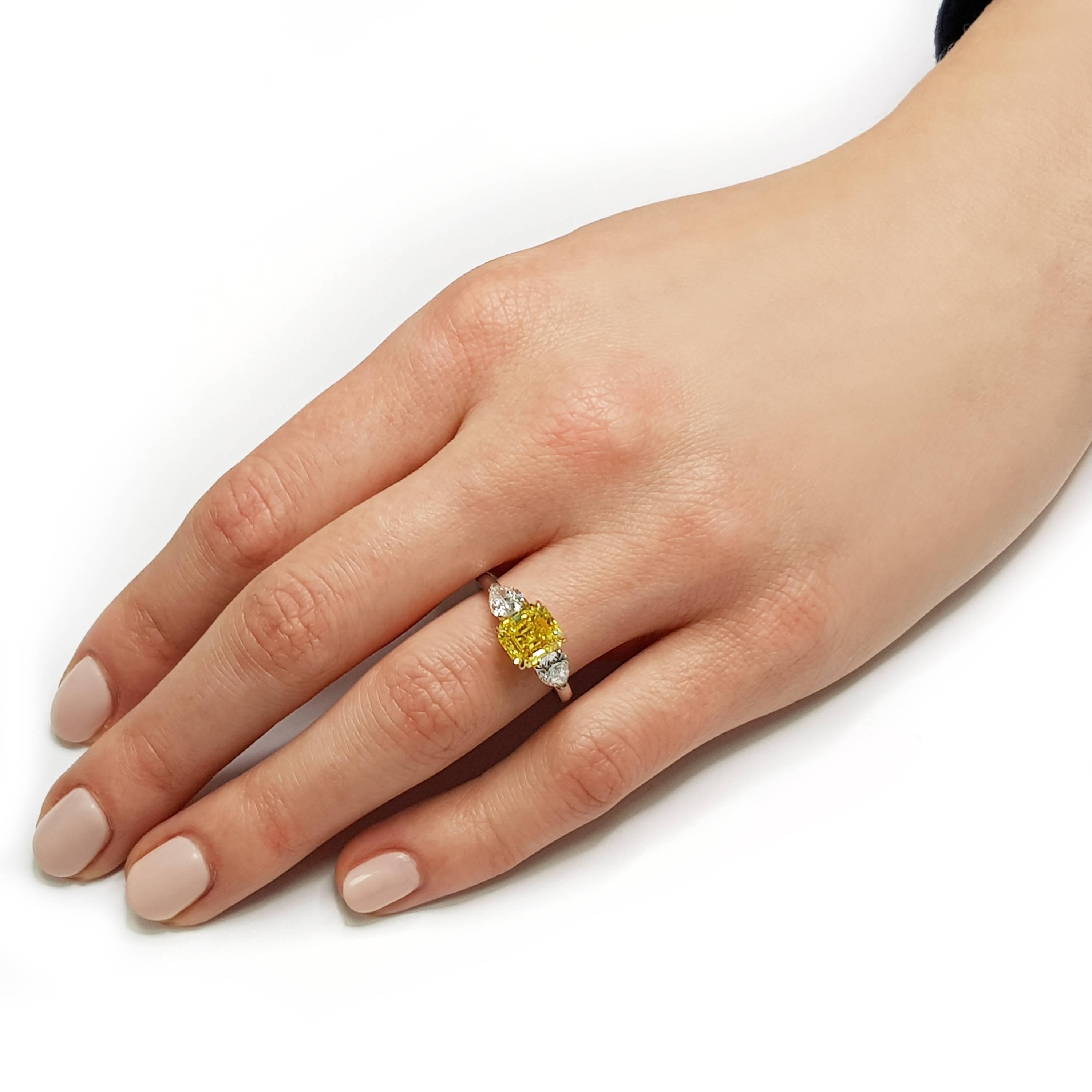 Modern  2.19 Carat GIA Fancy Vivid Yellow 1.02ct White Diamond Engagement Ring Platinum For Sale
