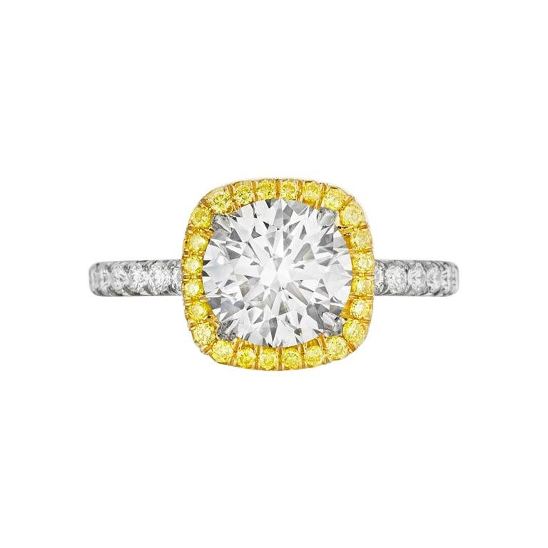 2.19 Carat GIA round with Diamond Halo Fancy Intense Yellow Engagement Ring  For Sale