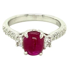 2.19 Carat GRS Certified Unheated Burmese Ruby Cabochon and Diamond Gold Ring