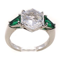 2.19 Carat Hexagonal Diamond Emerald Platinum Engagement Ring