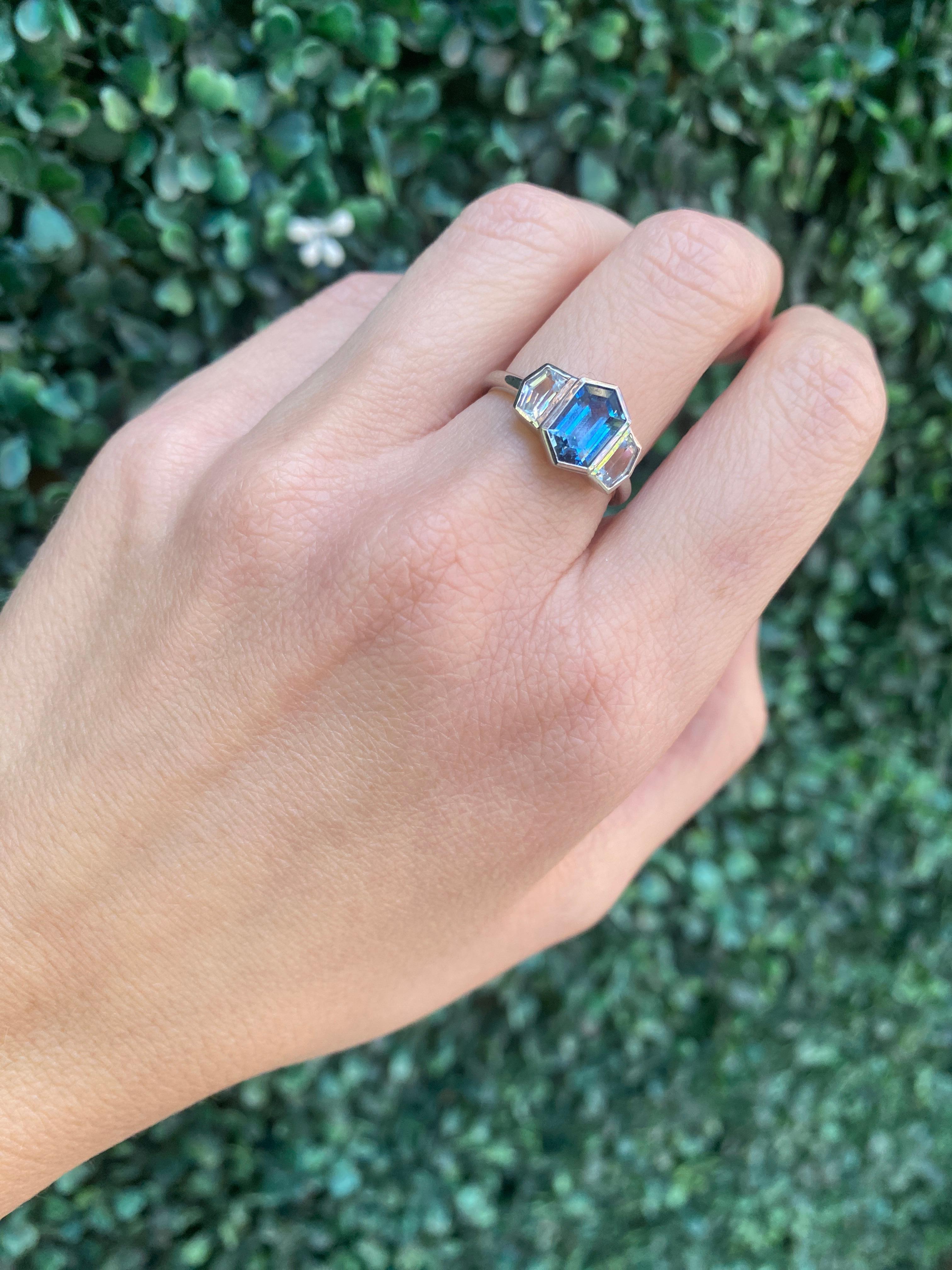 2.19 Carat Hexagonal Shaped Natural Blue Sapphire & Diamond Platinum Ring 5