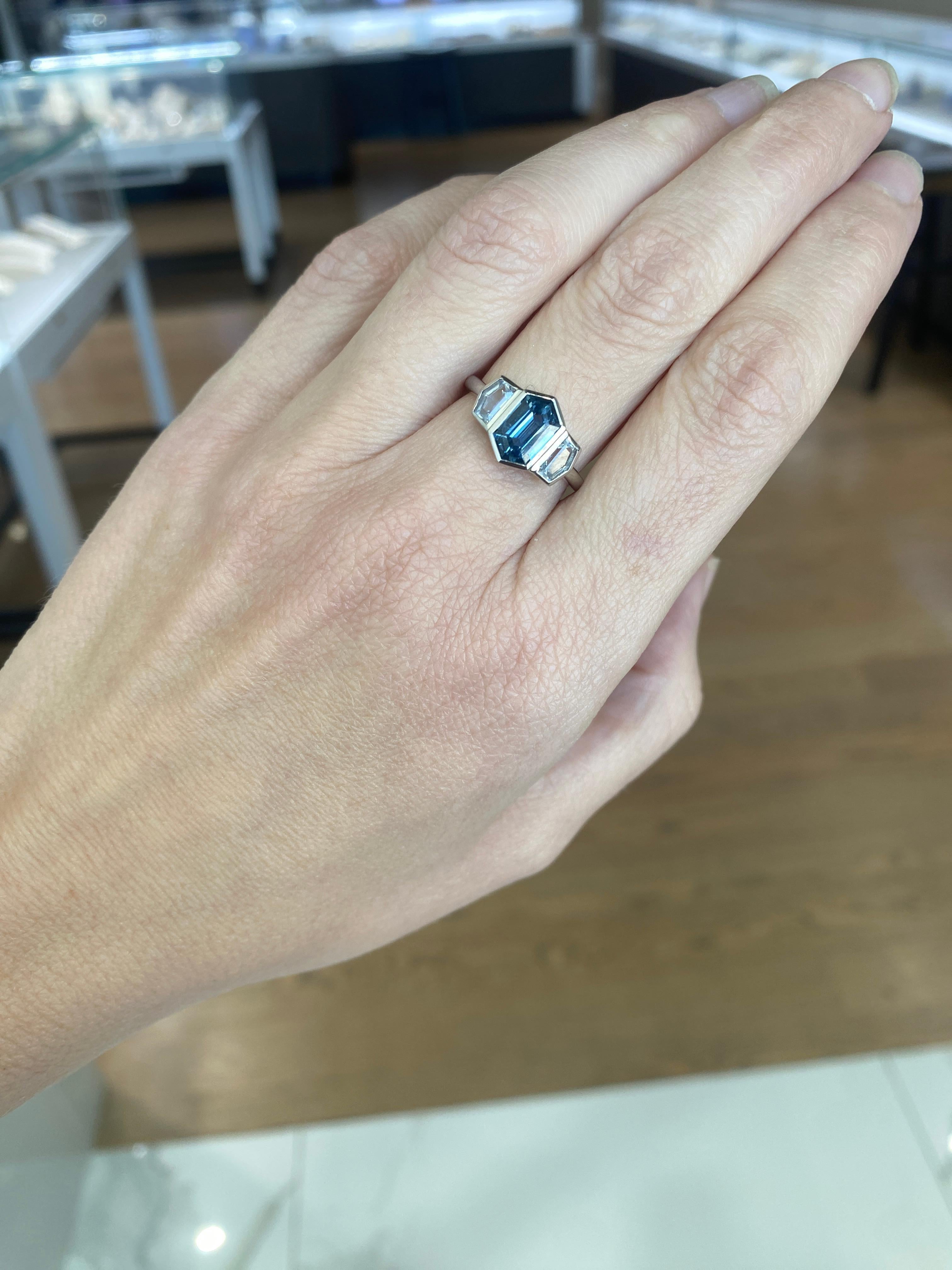2.19 Carat Hexagonal Shaped Natural Blue Sapphire & Diamond Platinum Ring 10