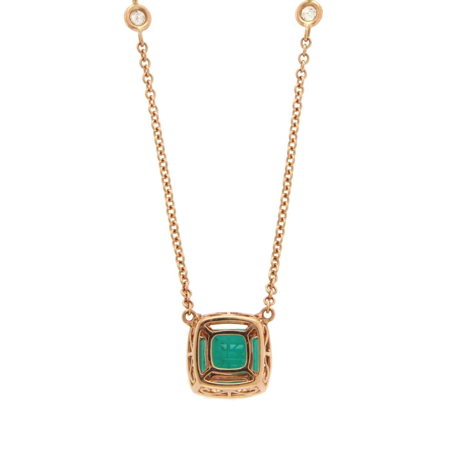 2.19 Carat Natural Emerald 0.29 Carat Diamonds 14 Karat Rose Gold Necklace In New Condition For Sale In Los Angeles, CA