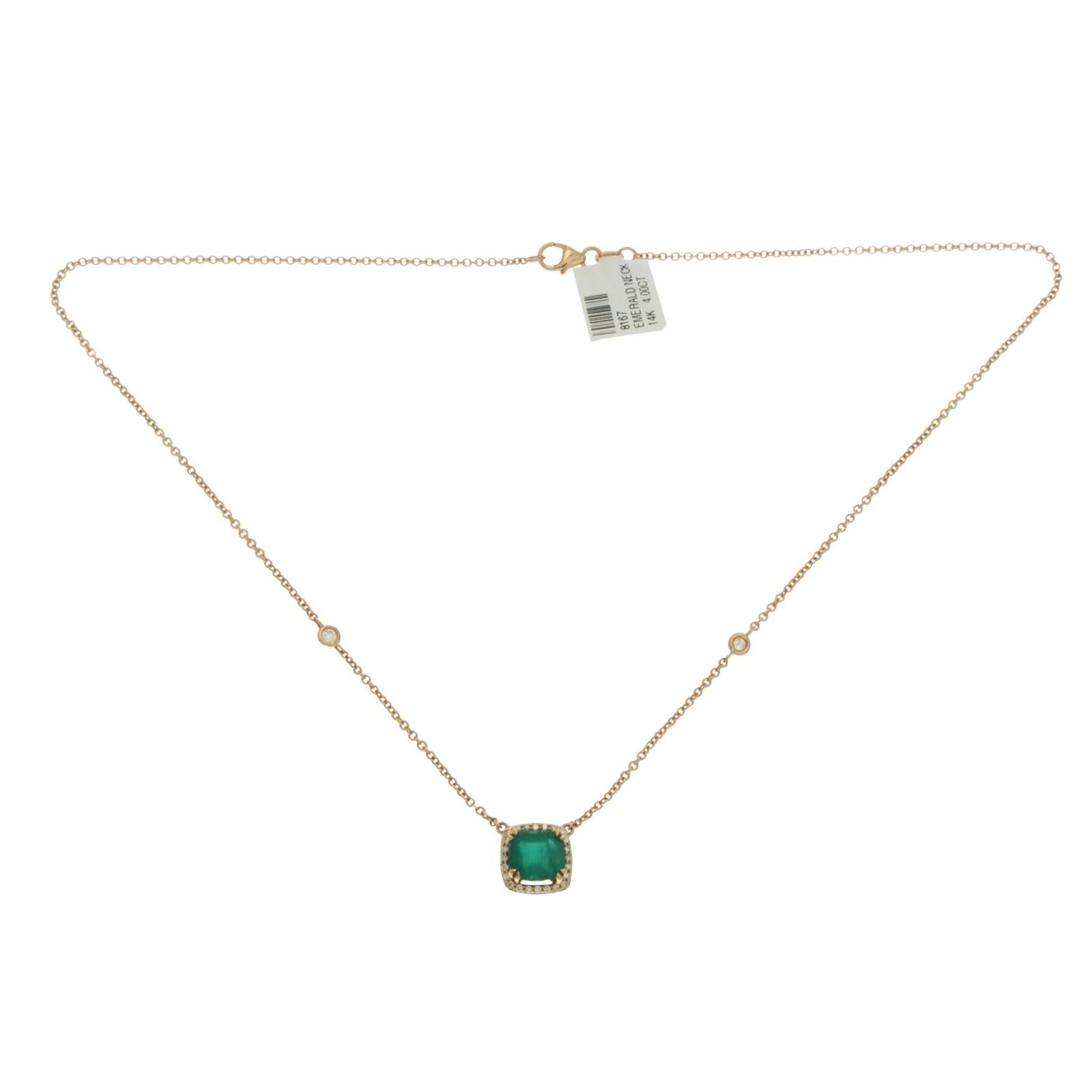 2.19 Carat Natural Emerald 0.29 Carat Diamonds 14 Karat Rose Gold Necklace