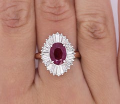 2.19 Carat Oval Cut Ruby and Baguette Diamond Halo Platinum Ballerina Ring