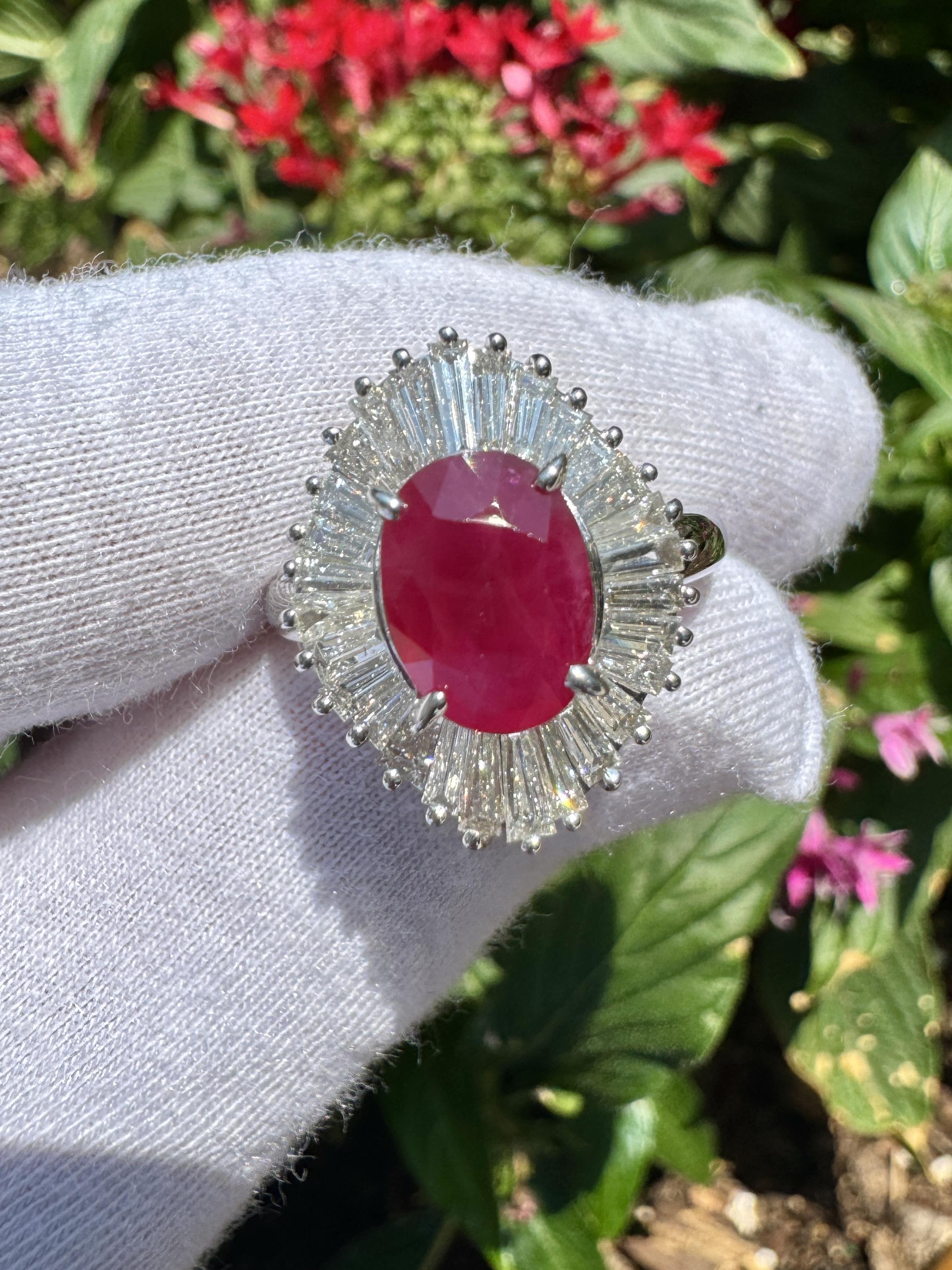 Baroque 2.19 Carat Oval Cut Ruby and Baguette Diamond Halo Platinum Ballerina Ring For Sale