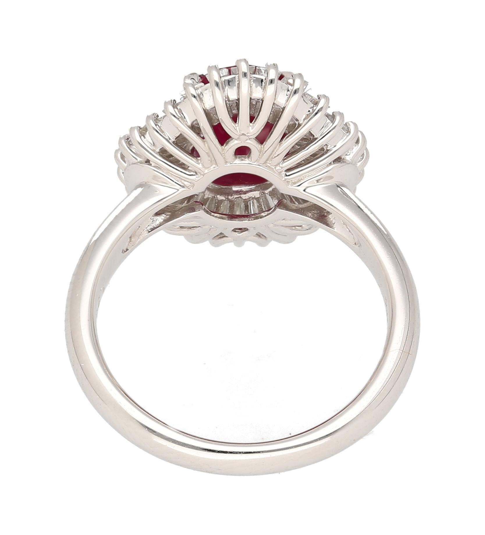 2.19 Carat Oval Cut Ruby and Baguette Diamond Halo Platinum Ballerina Ring In New Condition For Sale In Miami, FL