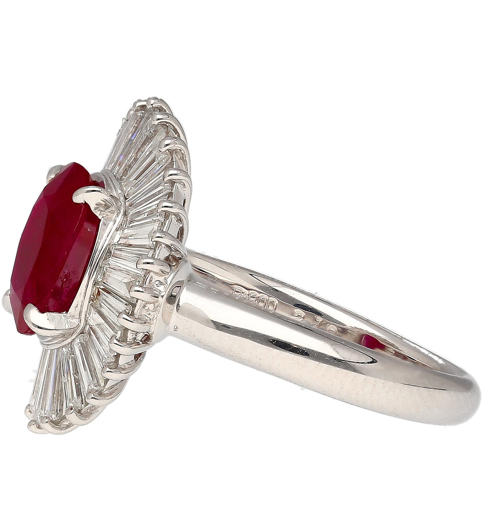 Women's 2.19 Carat Oval Cut Ruby and Baguette Diamond Halo Platinum Ballerina Ring For Sale