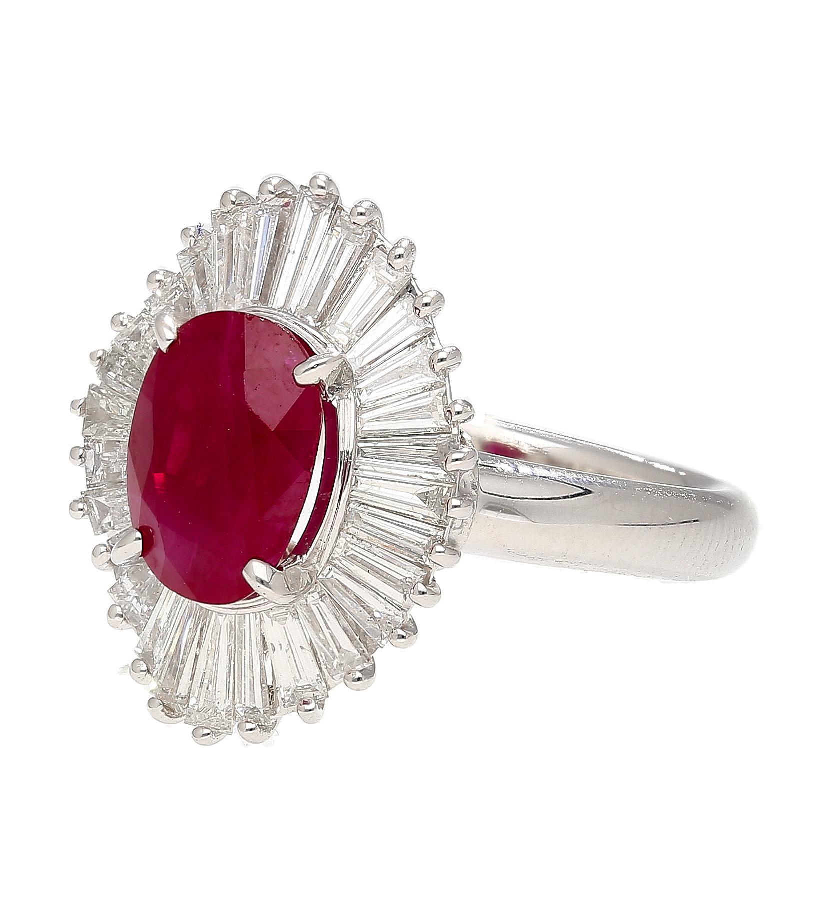 2.19 Carat Oval Cut Ruby and Baguette Diamond Halo Platinum Ballerina Ring For Sale 1