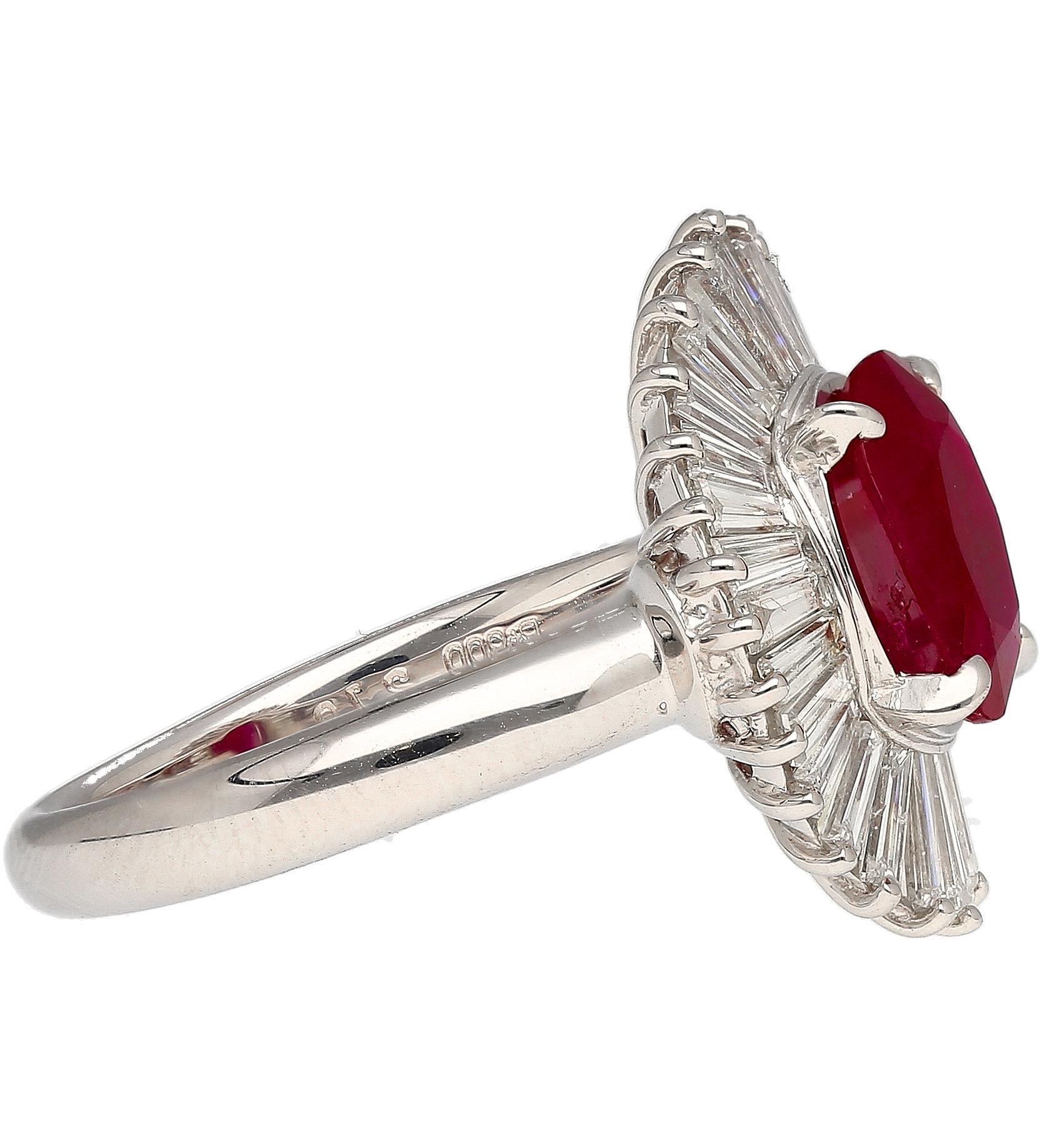 2.19 Carat Oval Cut Ruby and Baguette Diamond Halo Platinum Ballerina Ring For Sale 2